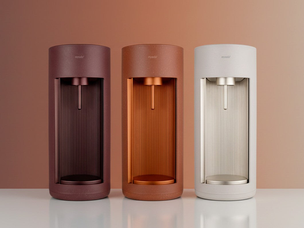 Glassy sparkling water makers in 3 new colours beetroot, terracotta and clay