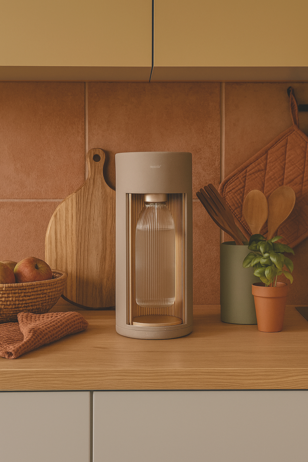 A Mysoda soda carbonator Glassy colour Latte with glass bottle in a kitchen in warm earth-tone colours