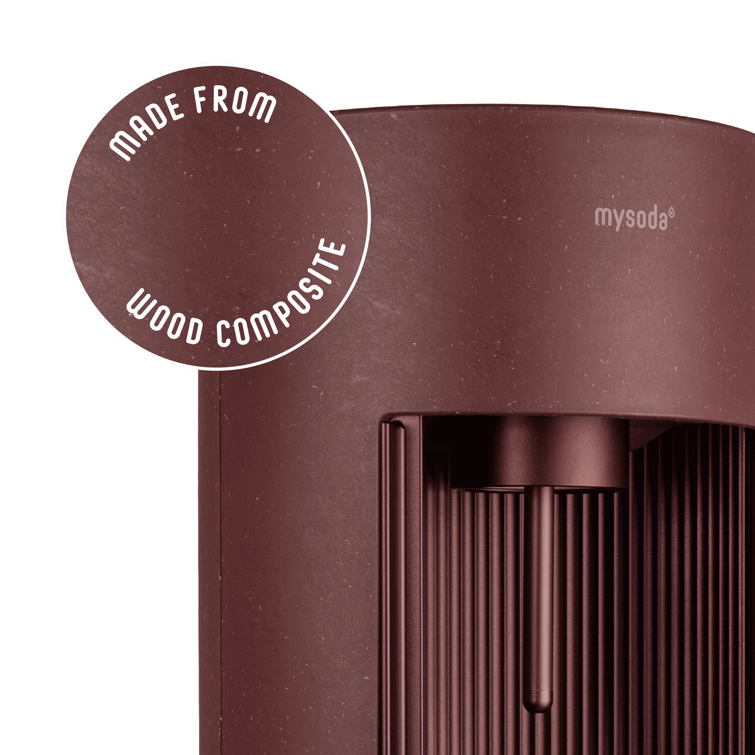 Glassy beetroot sparkling water maker with a close-up bubble showing the subtly visible wood fibres on the device's surface