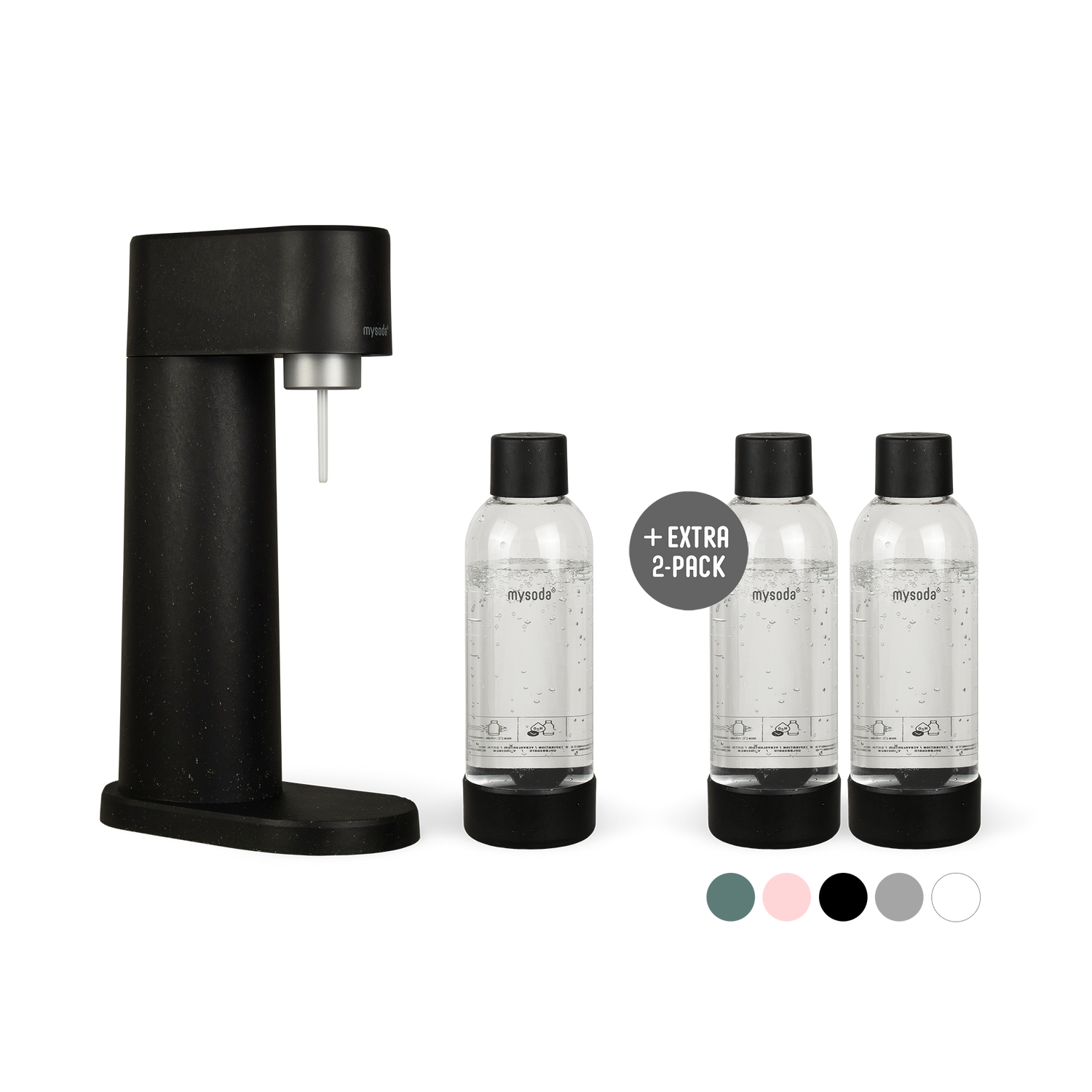 A bundle including a black Woody sparkling water maker set without CO2 cylinder and an extra 2-pack of water bottles in black
