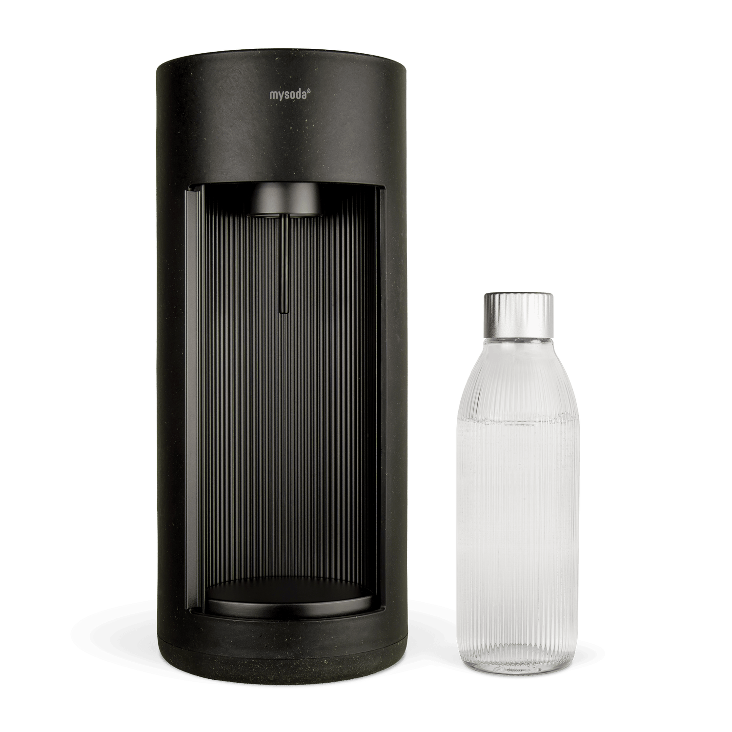 Black Glassy sparkling water maker and glass bottle
