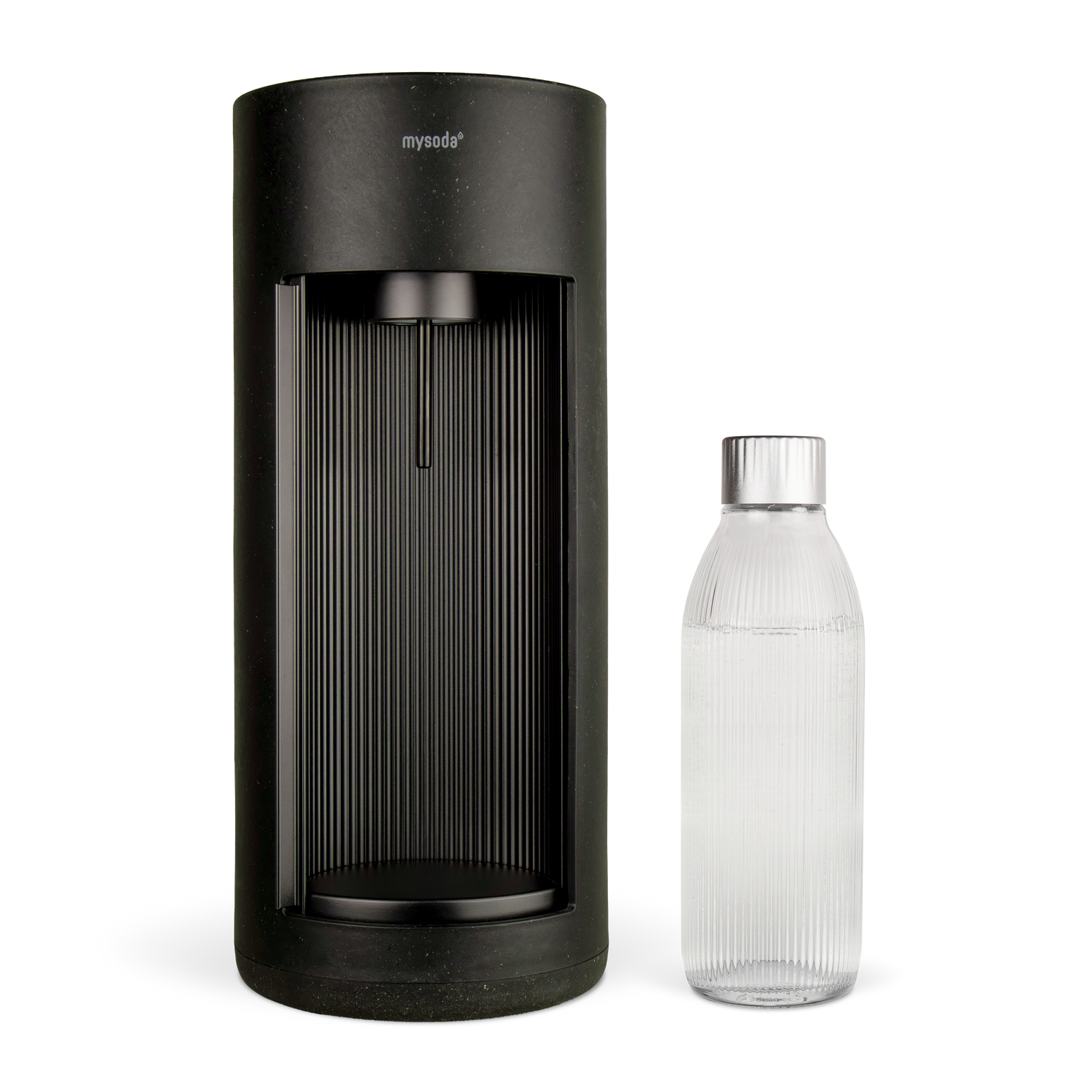 Black Glassy sparkling water maker and glass bottle