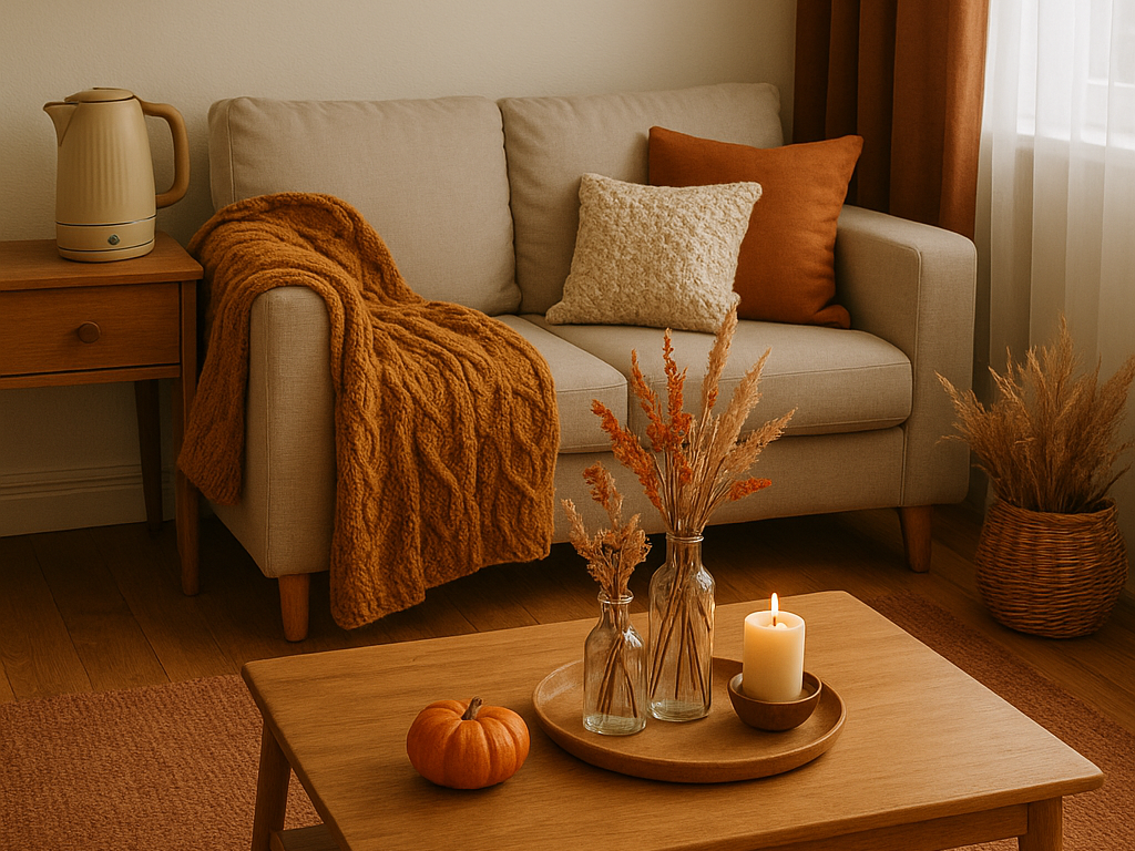 A cozy yet clean and minimalistic living room decorated for autumn