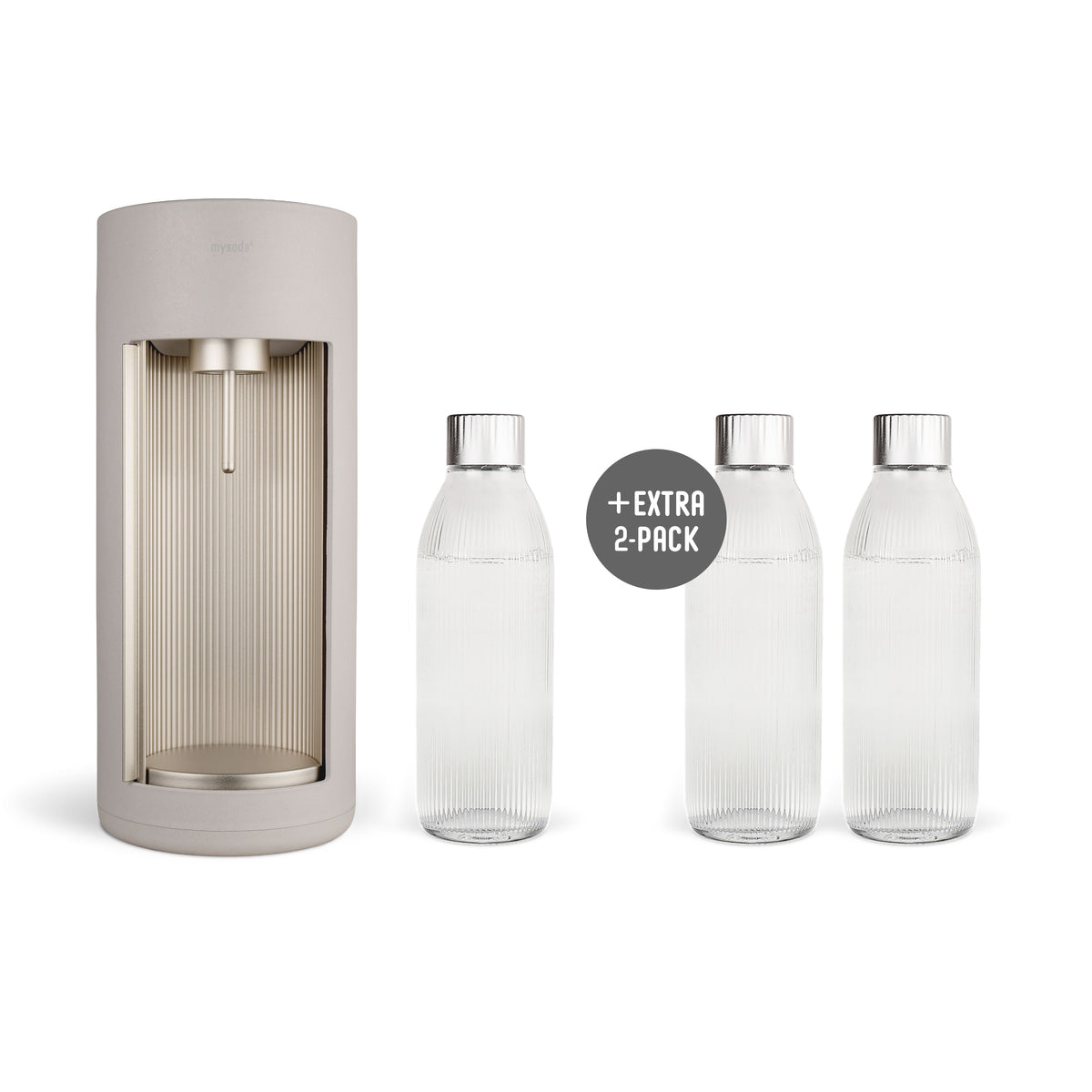 A clay-coloured Glassy sparkling water maker and three glass bottles