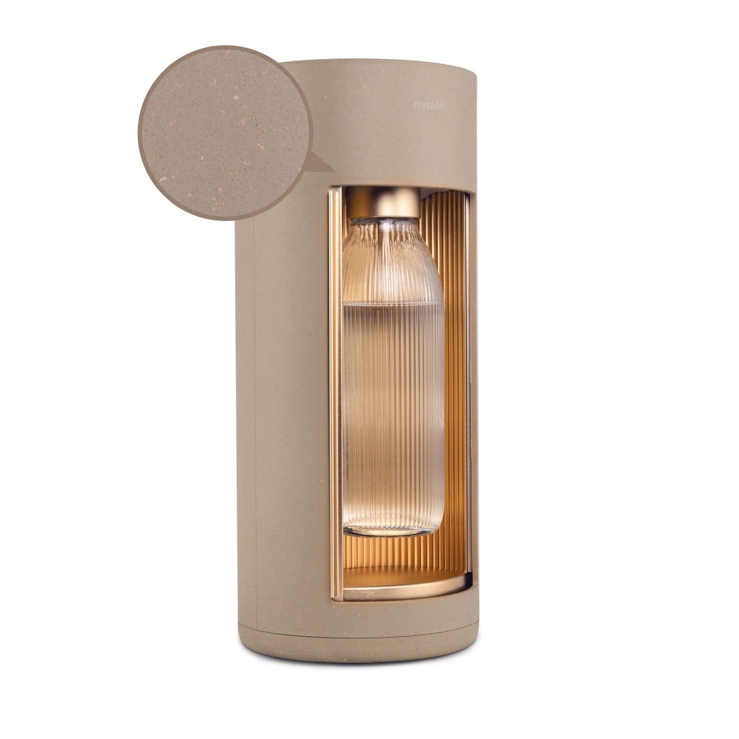 Glassy latte sparkling water maker with a close-up bubble showing the subtly visible wood fibres on the device's surface