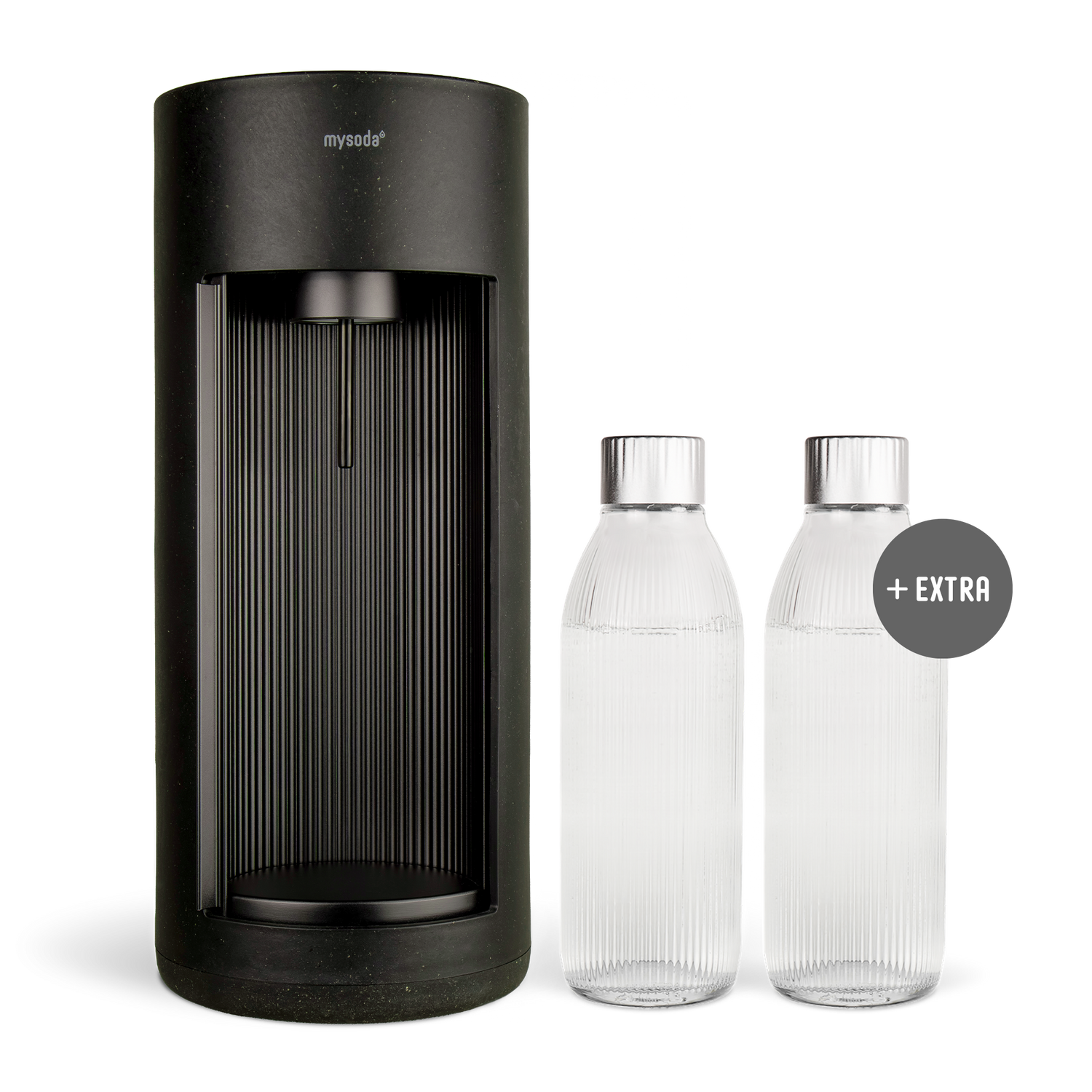 Black Glassy sparkling water maker with matching PET water bottle and 2 glass bottles