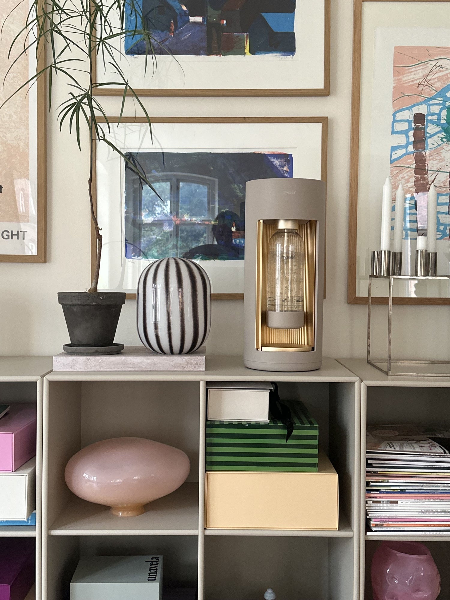 Glassy sparkling water maker, colour latte, on a shelf full of modern colourful decor.