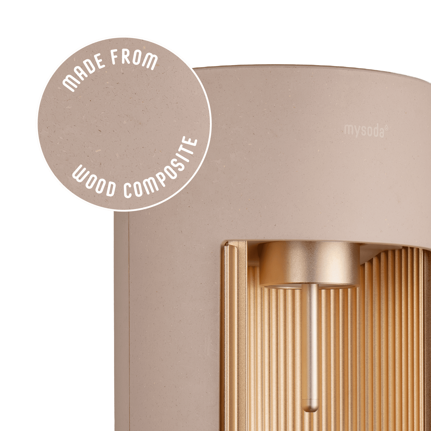 Glassy latte sparkling water maker with a close-up bubble showing the subtly visible wood fibres on the device's surface