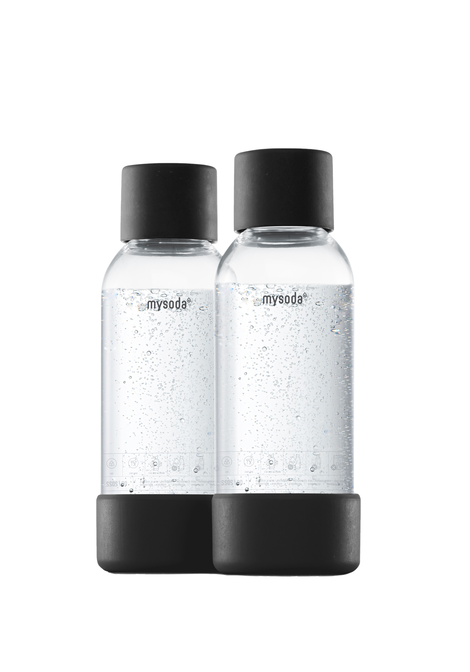 Two 0,5 litre Mysoda PET water bottles with black lid & bottom