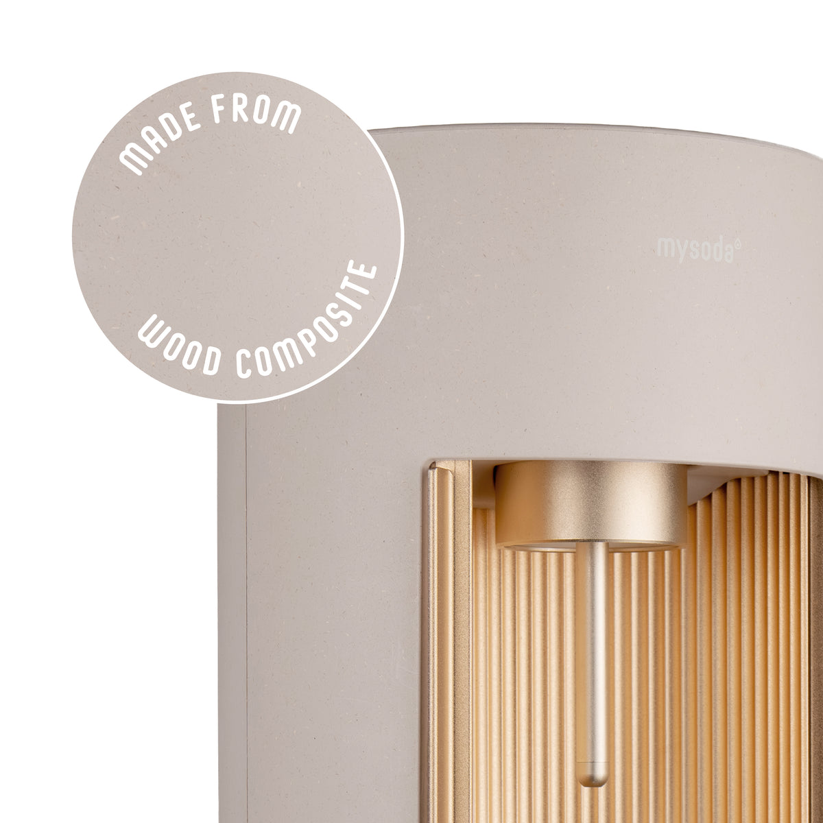 Glassy latte sparkling water maker with a close-up bubble showing the subtly visible wood fibres on the device's surface