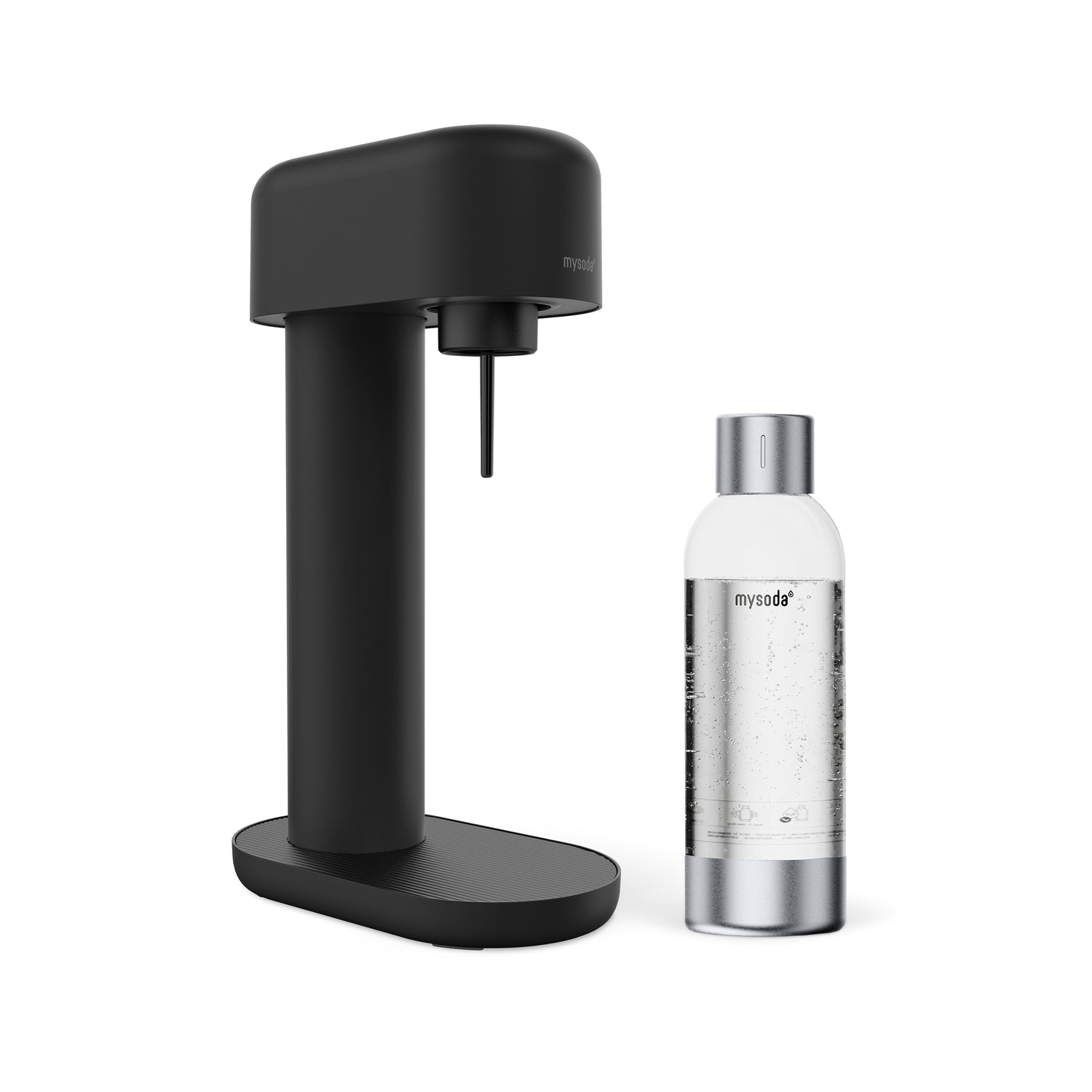 A black Ruby 2 sparkling water maker with silver premium water bottle