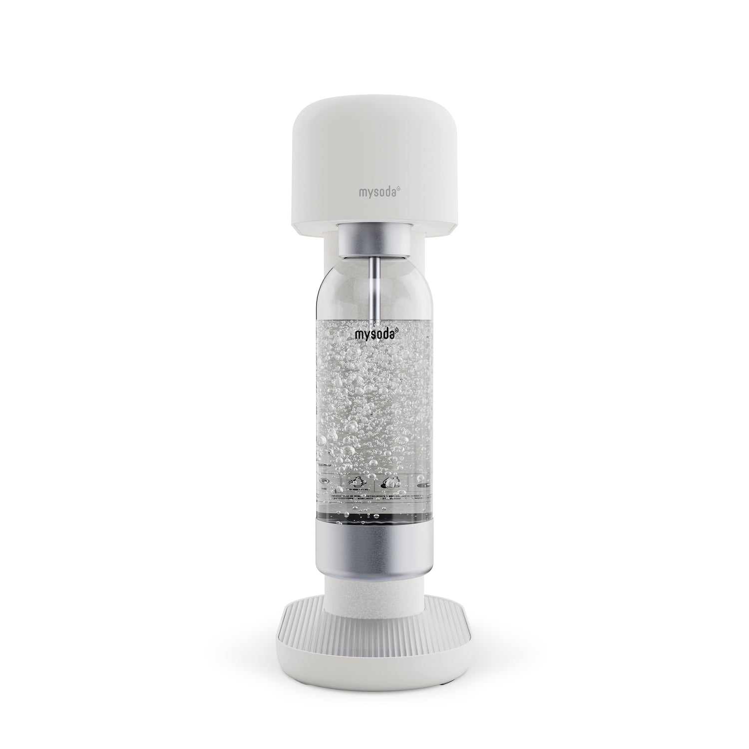 A white-silver Ruby 2 soda maker viewed from the front