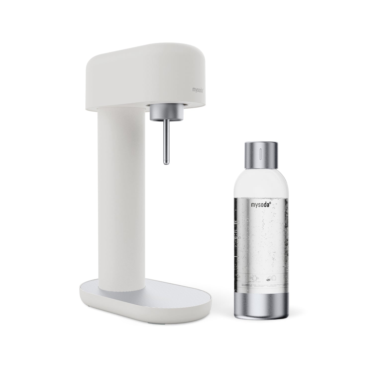 A white-silver Ruby 2 sparkling water maker with silver premium water bottle