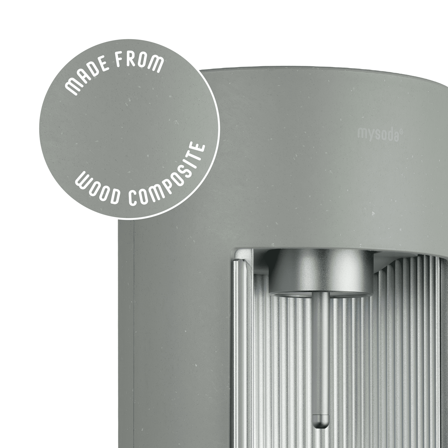 Glassy pigeon sparkling water maker with a close-up bubble showing the subtly visible wood fibres on the device's surface