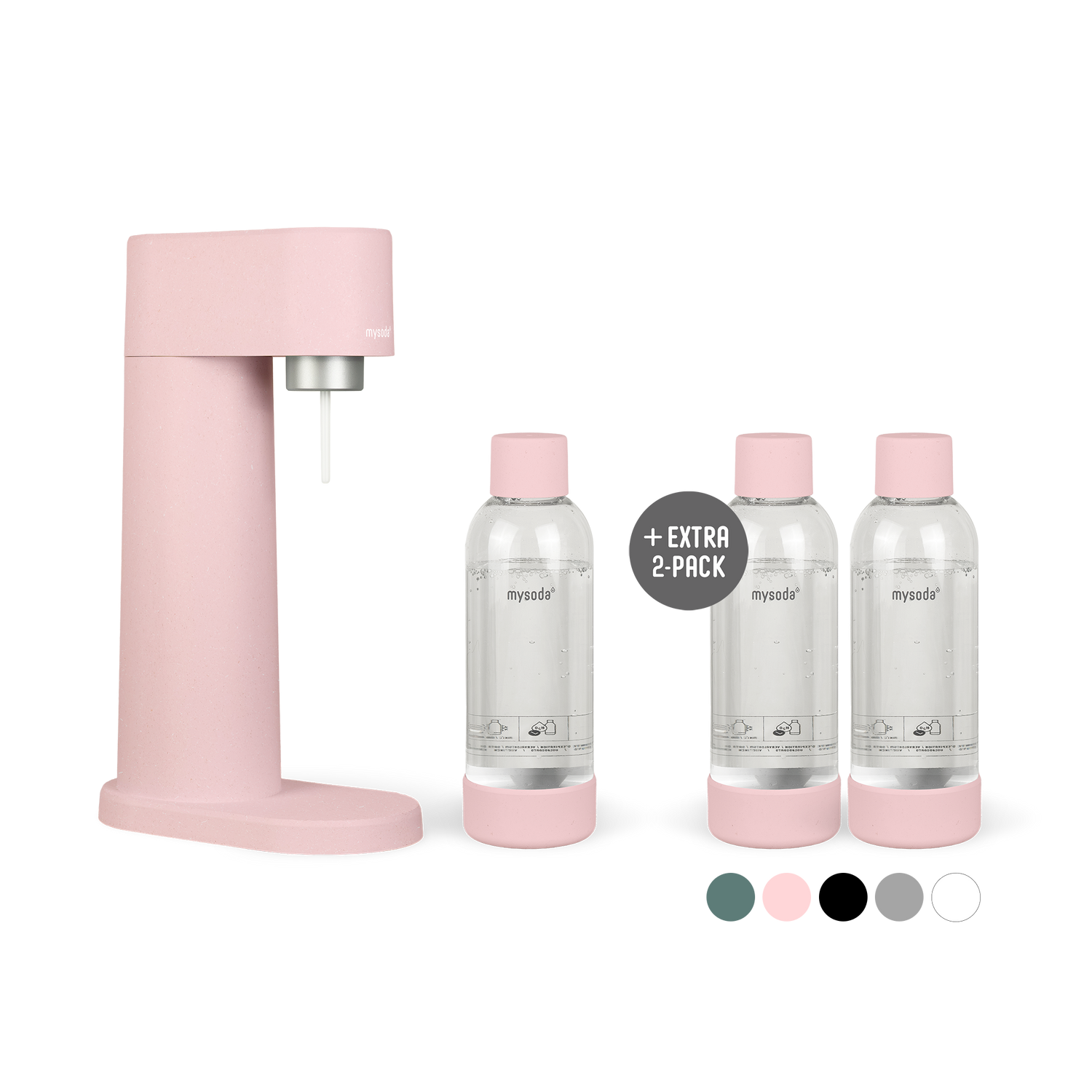 A bundle including a pink Woody sparkling water maker set without CO2 cylinder and an extra 2-pack of water bottles in pink