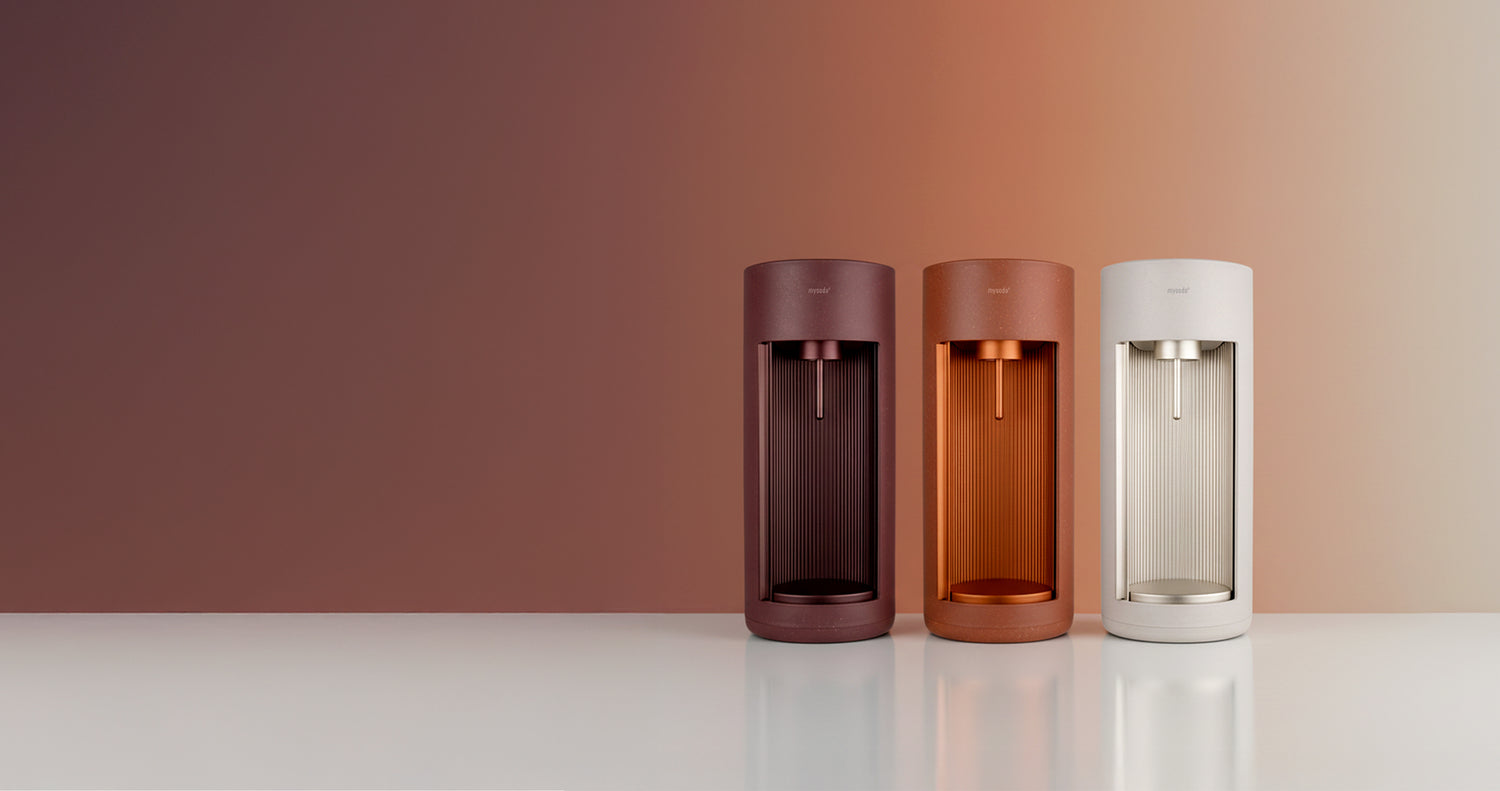 Glassy sparkling water makers in 3 new colours beetroot, terracotta and clay