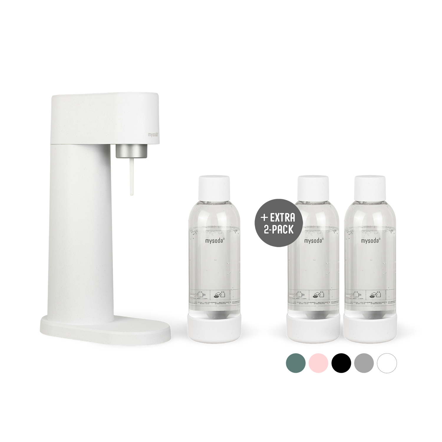 A bundle including a white Woody sparkling water maker set without CO2 cylinder and an extra 2-pack of water bottles in white