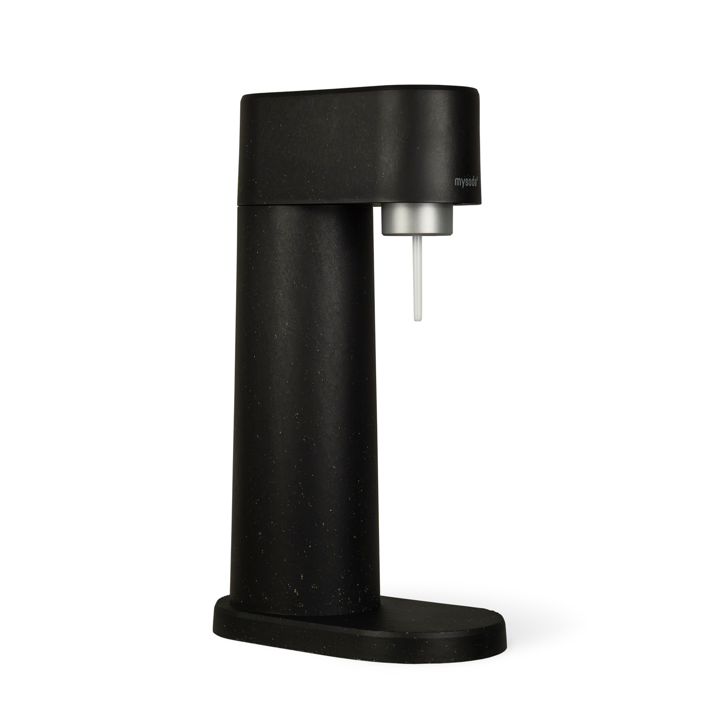 A black Woody sparkling water maker viewed from the side