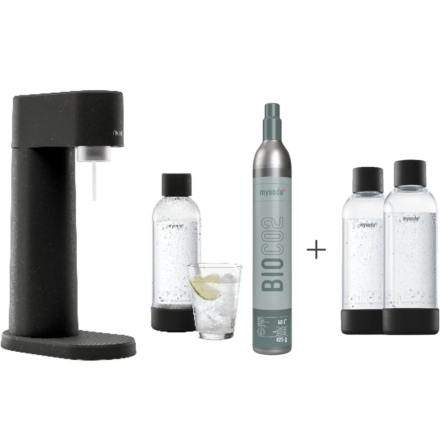 A bundle including a black Woody sparkling water maker set, CO2 cylinder and an extra 2-pack of water bottles in black
