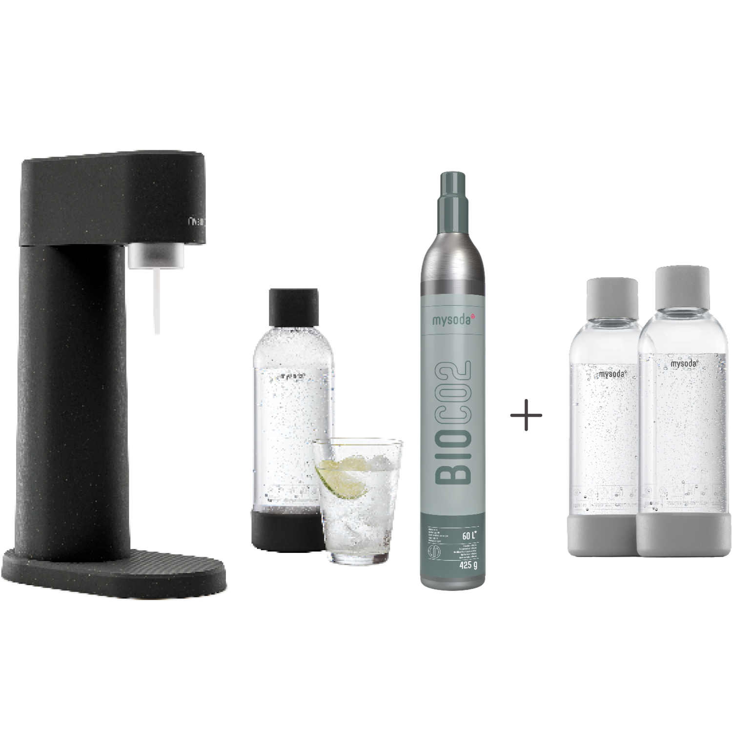 A bundle including a black Woody sparkling water maker set, CO2 cylinder and an extra 2-pack of water bottles in gray