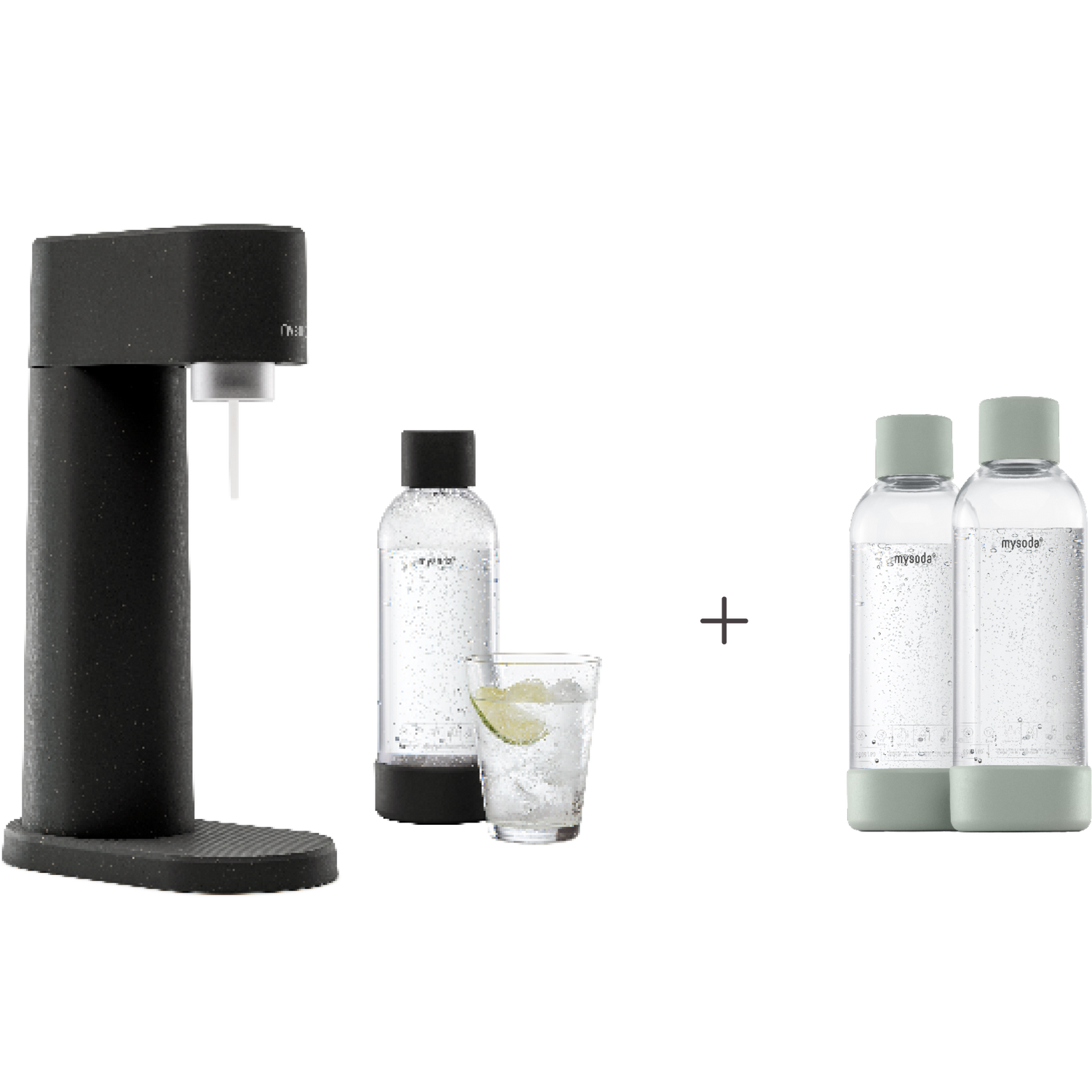 A bundle including a black Woody sparkling water maker set without CO2 cylinder and an extra 2-pack of water bottles in pigeon