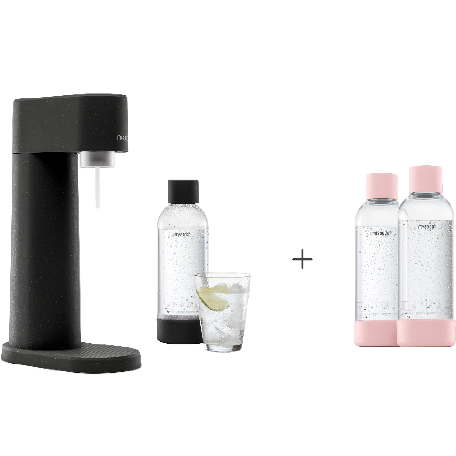 A bundle including a black Woody sparkling water maker set without CO2 cylinder and an extra 2-pack of water bottles in pink
