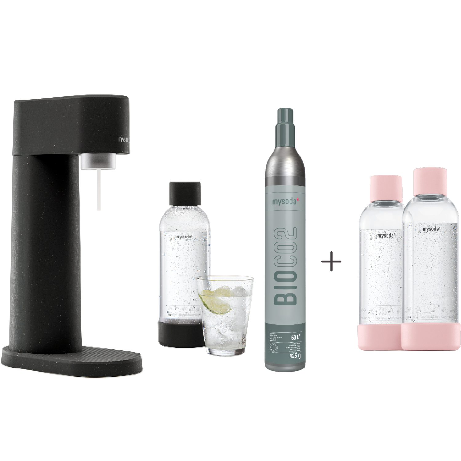 A bundle including a black Woody sparkling water maker set, CO2 cylinder and an extra 2-pack of water bottles in pink