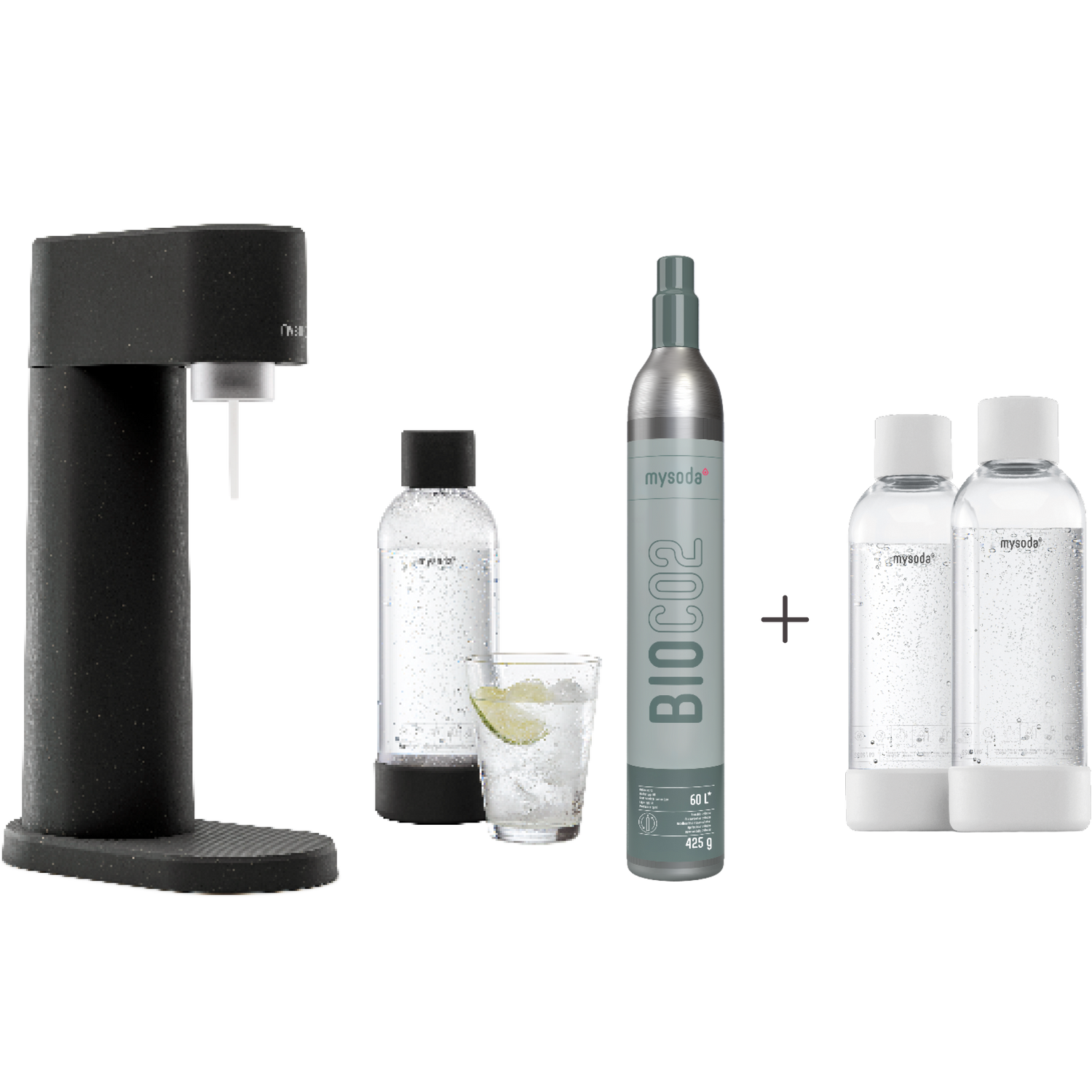 A bundle including a black Woody sparkling water maker set, CO2 cylinder and an extra 2-pack of water bottles in white