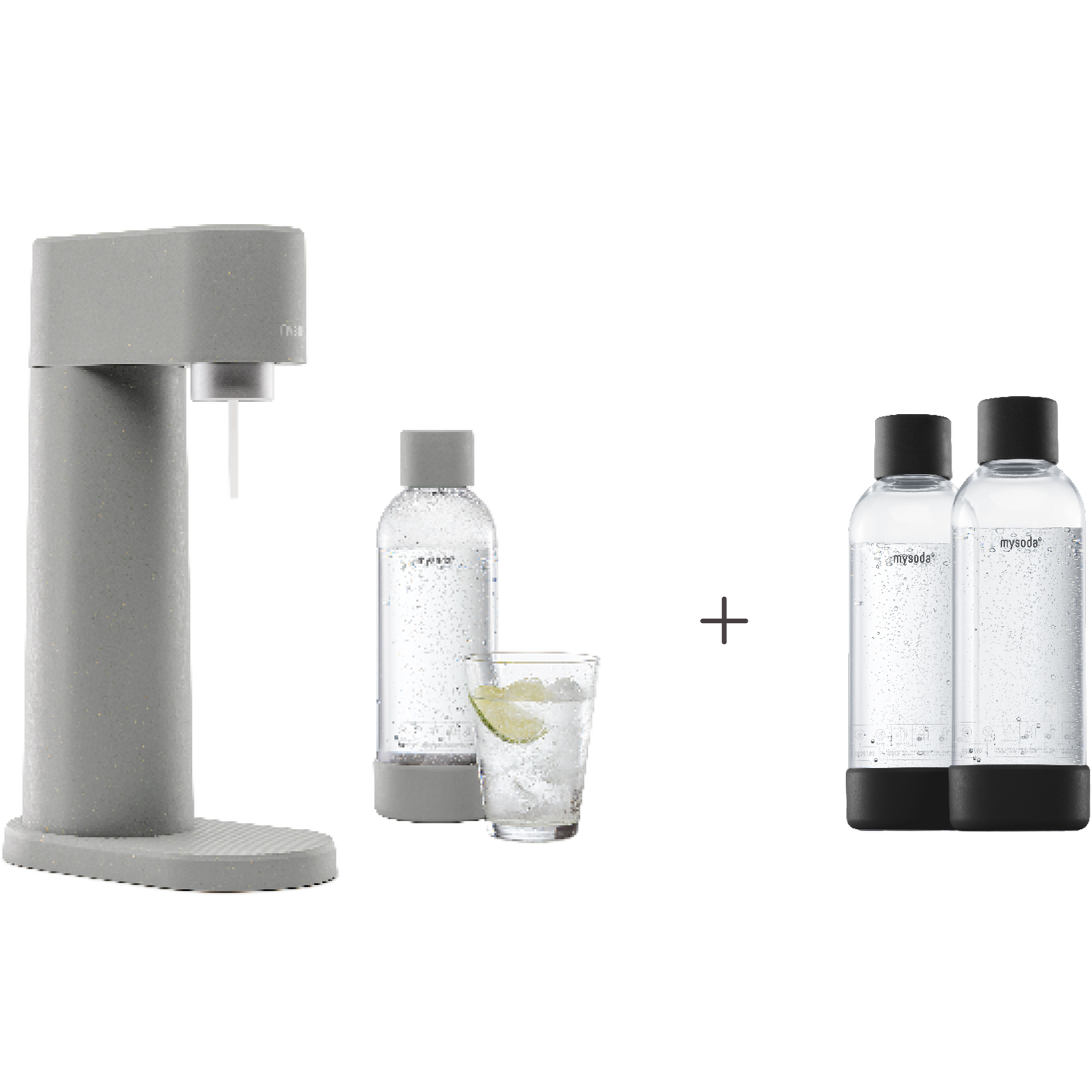A bundle including a gray Woody sparkling water maker set without cylinder and an extra 2-pack of water bottles in black