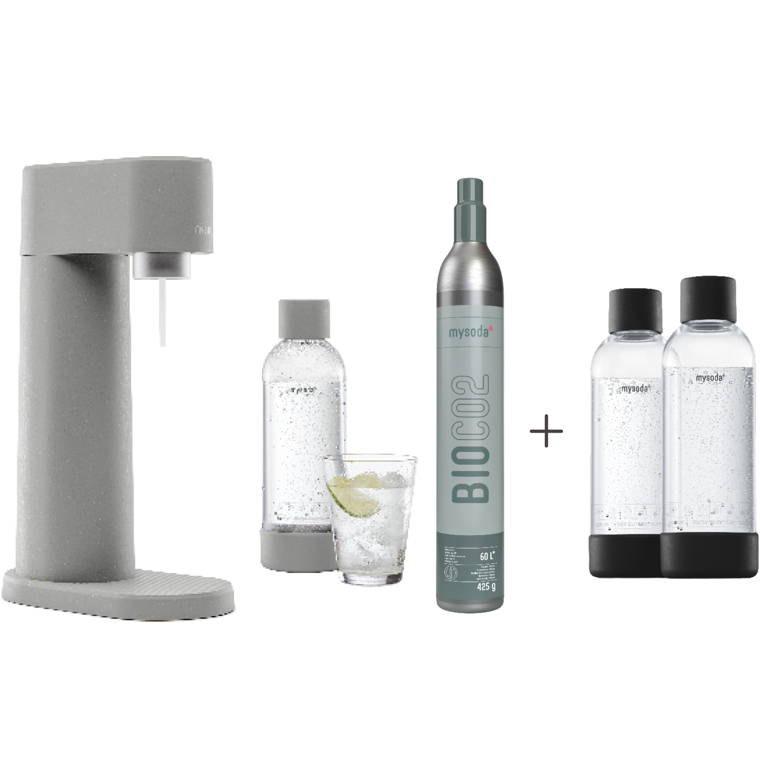 A bundle including a gray Woody sparkling water maker set, CO2 cylinder and an extra 2-pack of water bottles in black