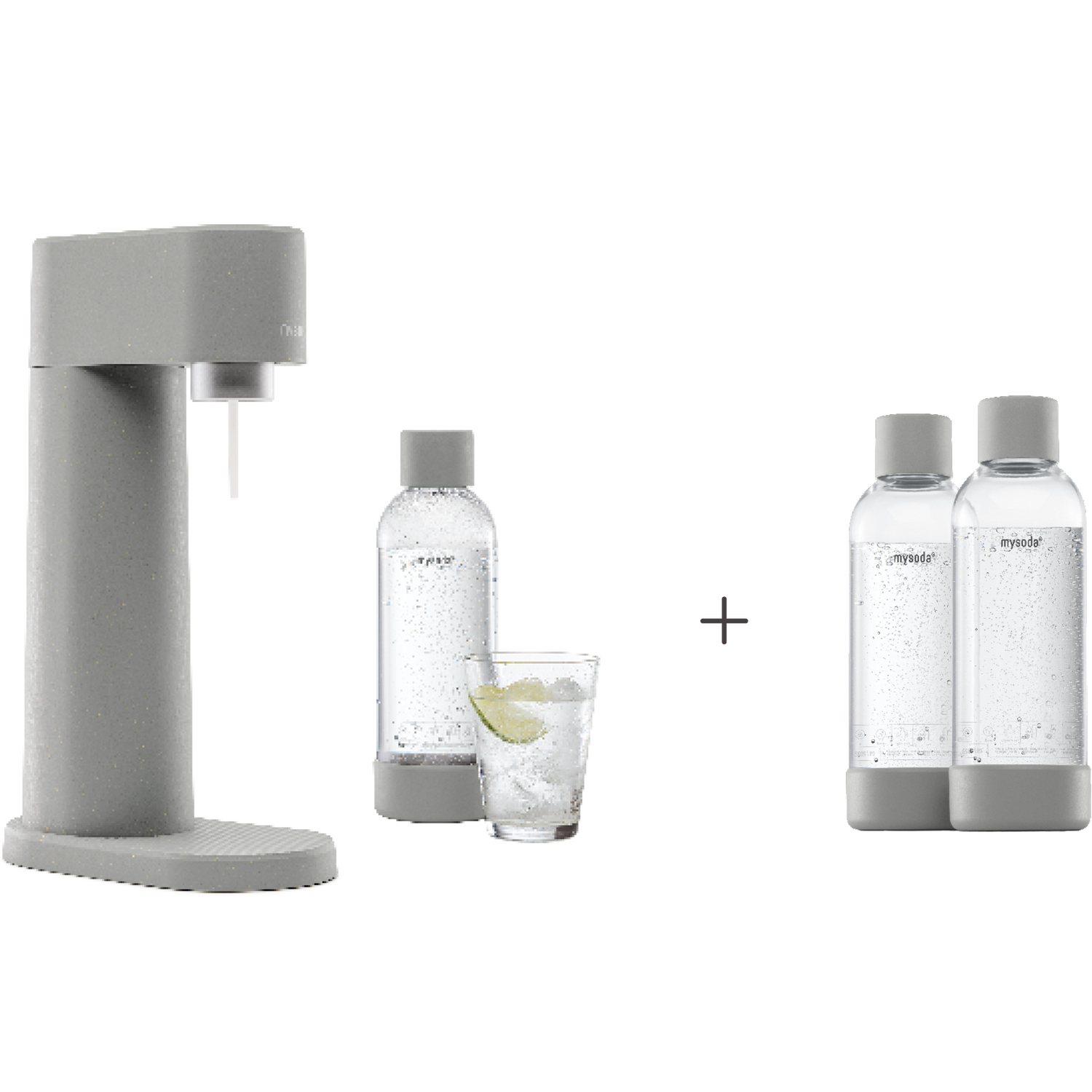 A bundle including a gray Woody sparkling water maker set without cylinder and an extra 2-pack of water bottles in gray