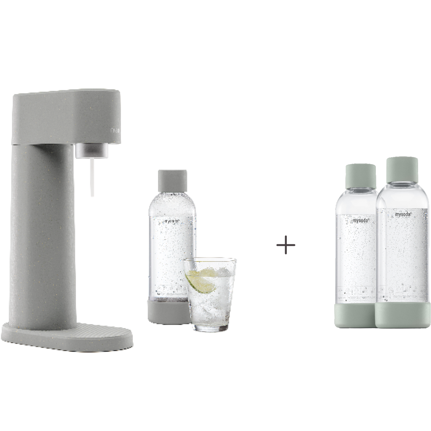 A bundle including a gray Woody sparkling water maker set without cylinder and an extra 2-pack of water bottles in pigeon