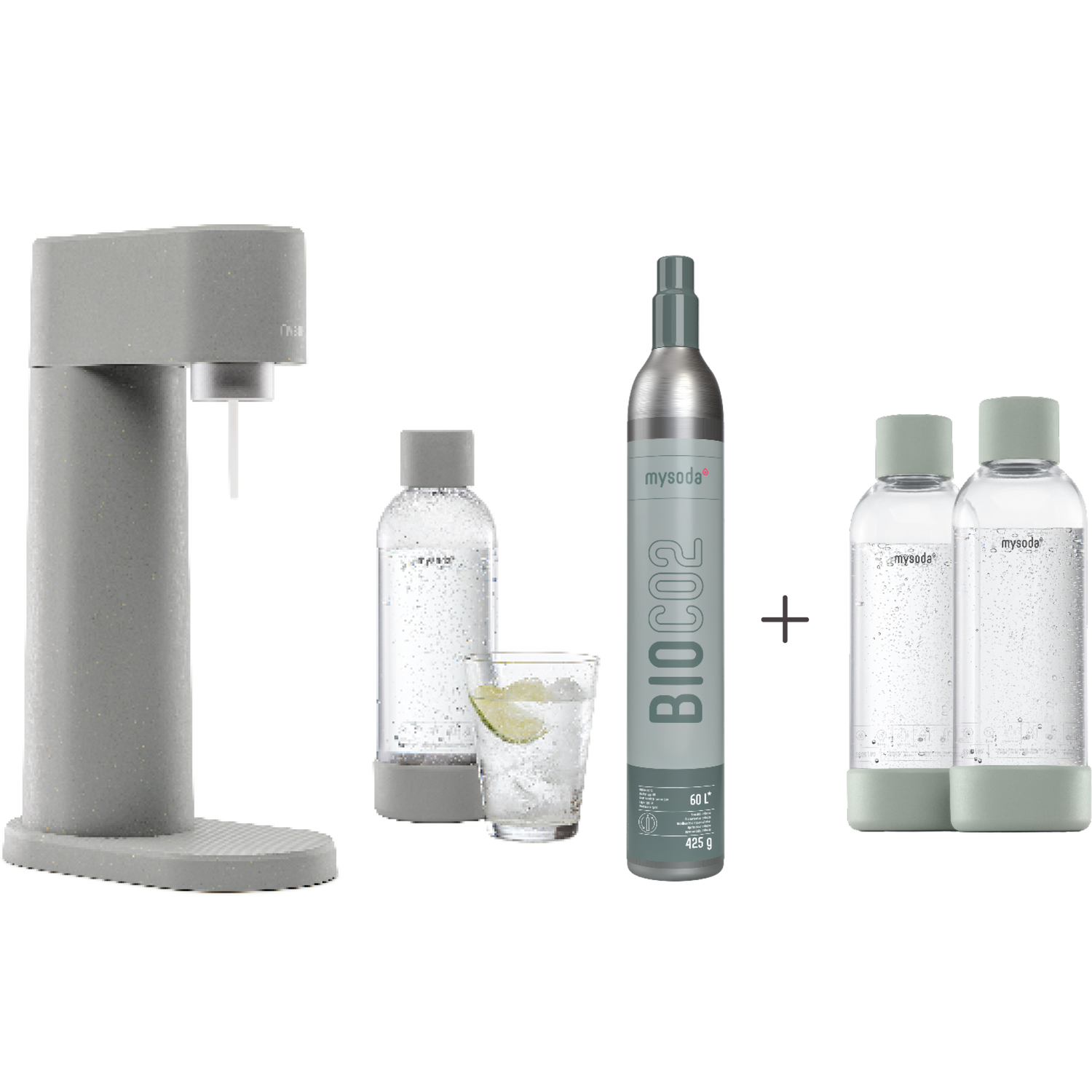 A bundle including a gray Woody sparkling water maker set, CO2 cylinder and an extra 2-pack of water bottles in pigeon