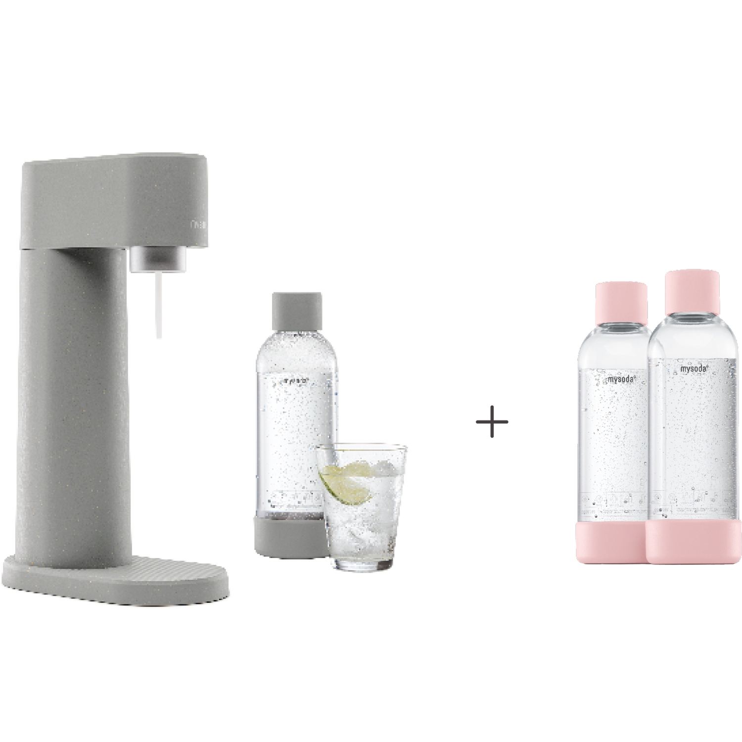 A bundle including a gray Woody sparkling water maker set without cylinder and an extra 2-pack of water bottles in pink