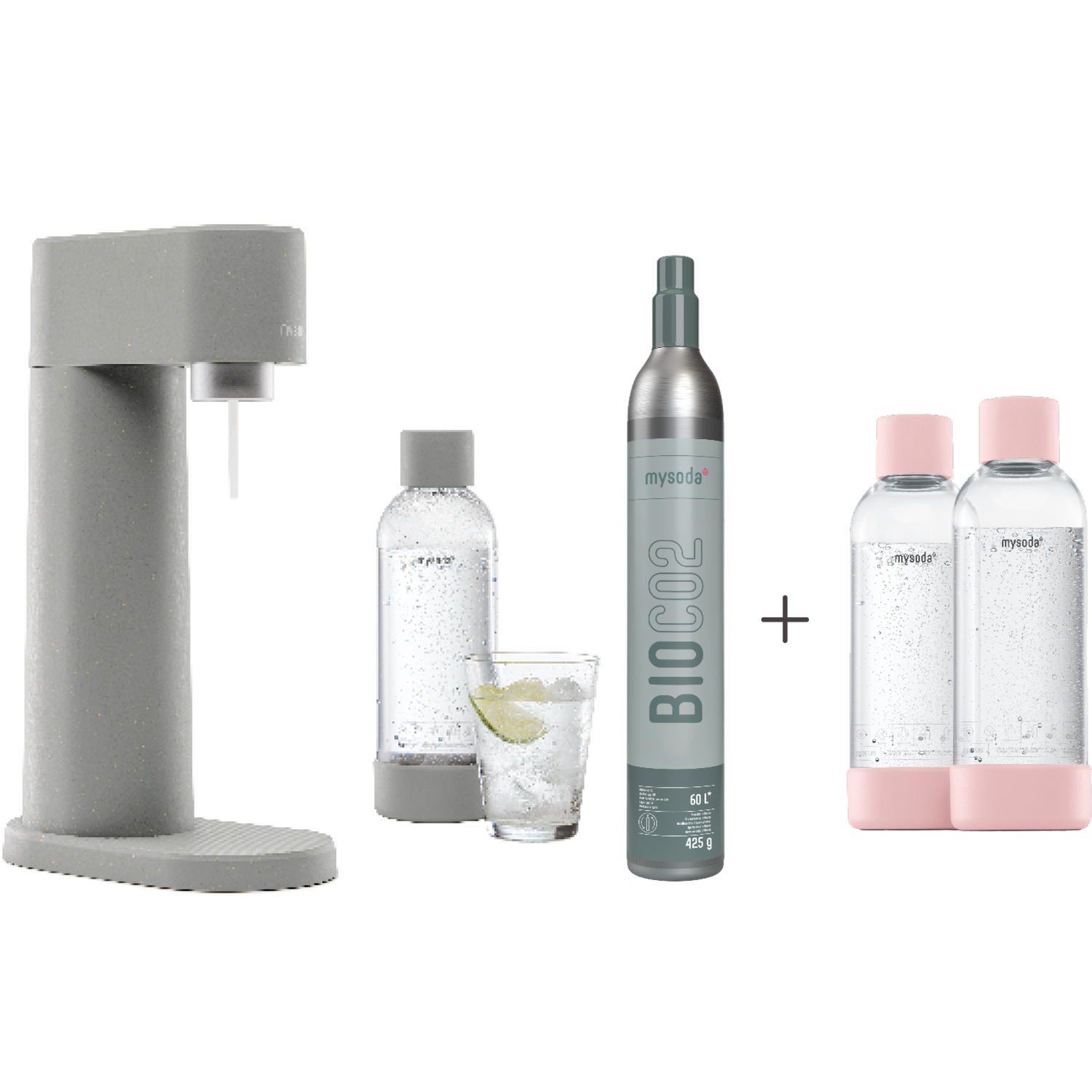 A bundle including a gray Woody sparkling water maker set, CO2 cylinder and an extra 2-pack of water bottles in pink