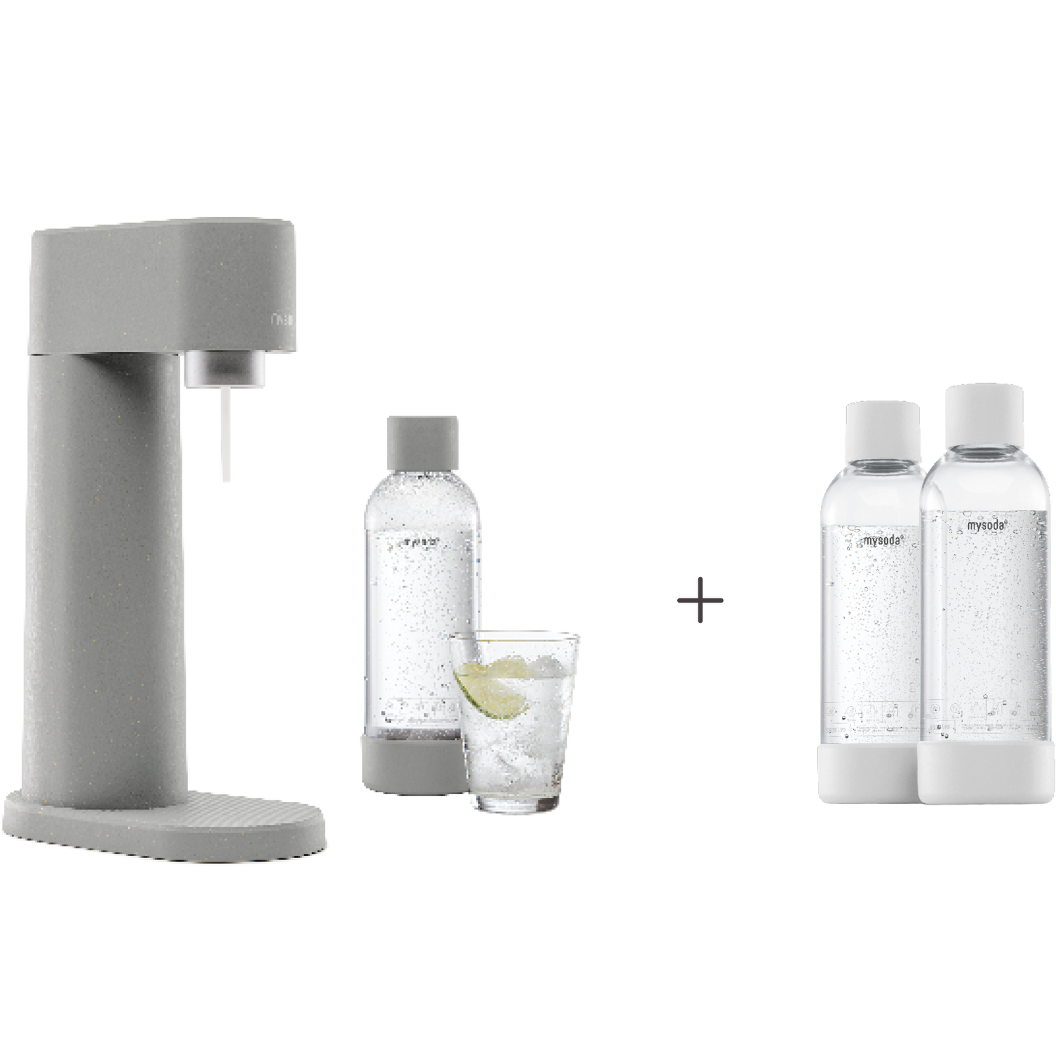 A bundle including a gray Woody sparkling water maker set without cylinder and an extra 2-pack of water bottles in white