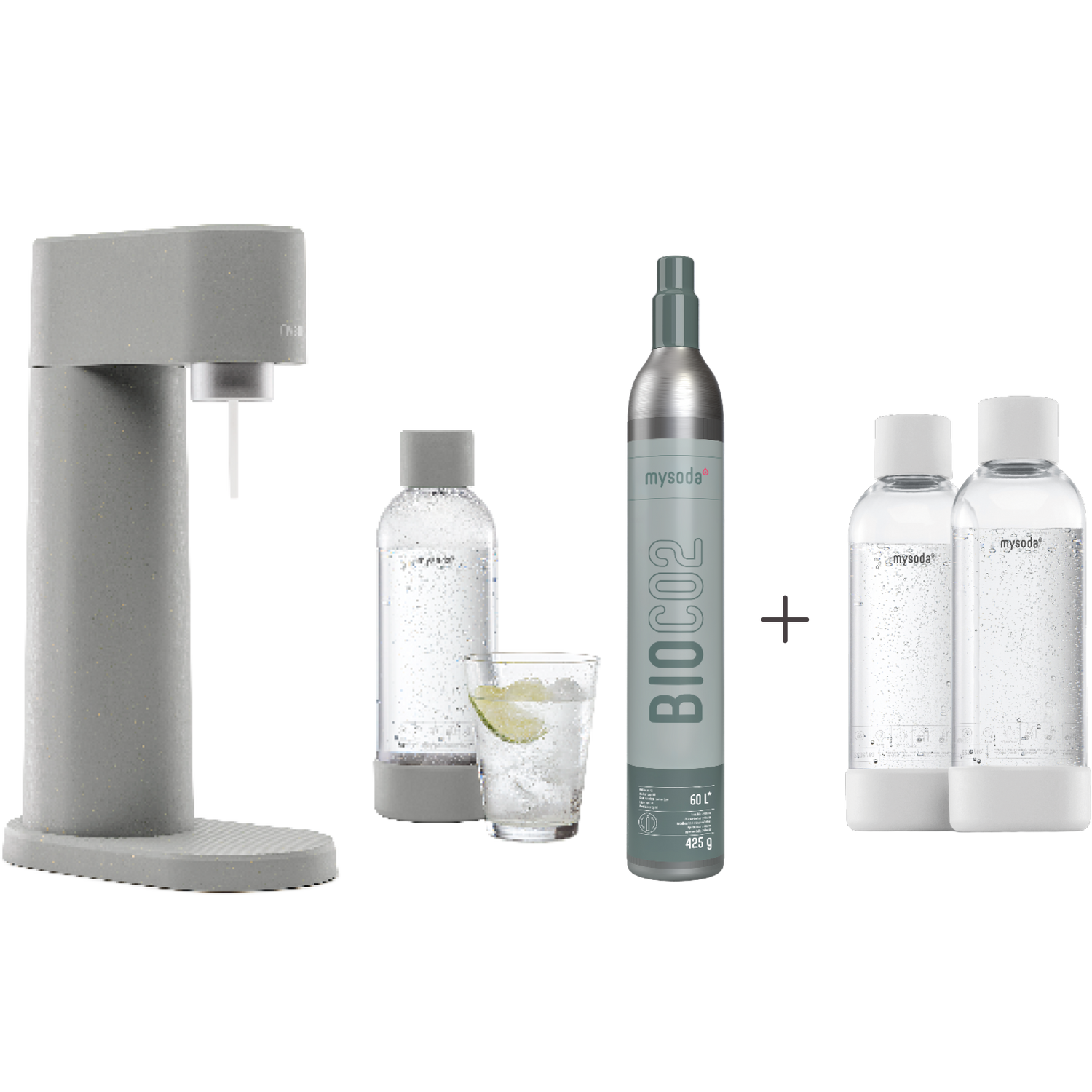 A bundle including a gray Woody sparkling water maker set, CO2 cylinder and an extra 2-pack of water bottles in white