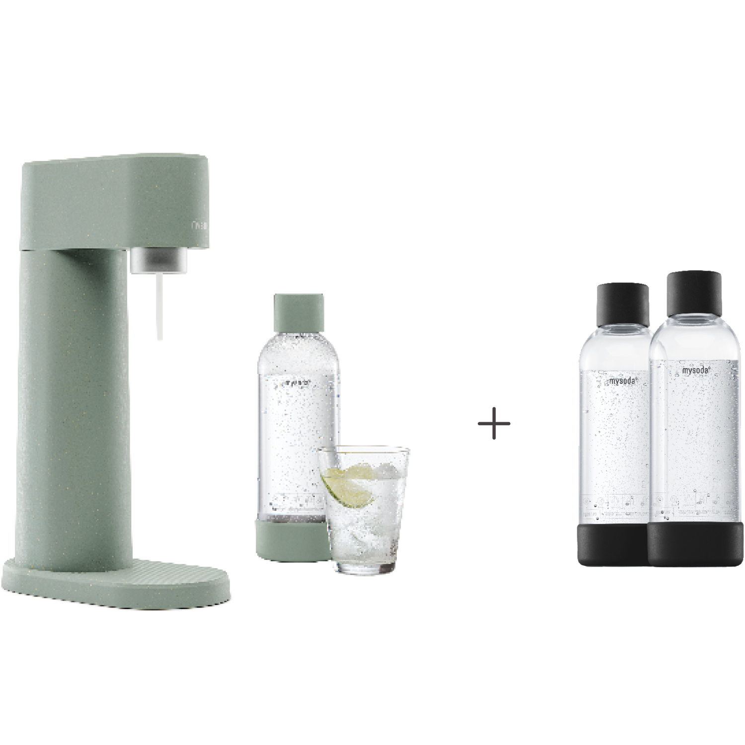 A bundle including a pigeon Woody sparkling water maker set without CO2 cylinder and an extra 2-pack of water bottles in black