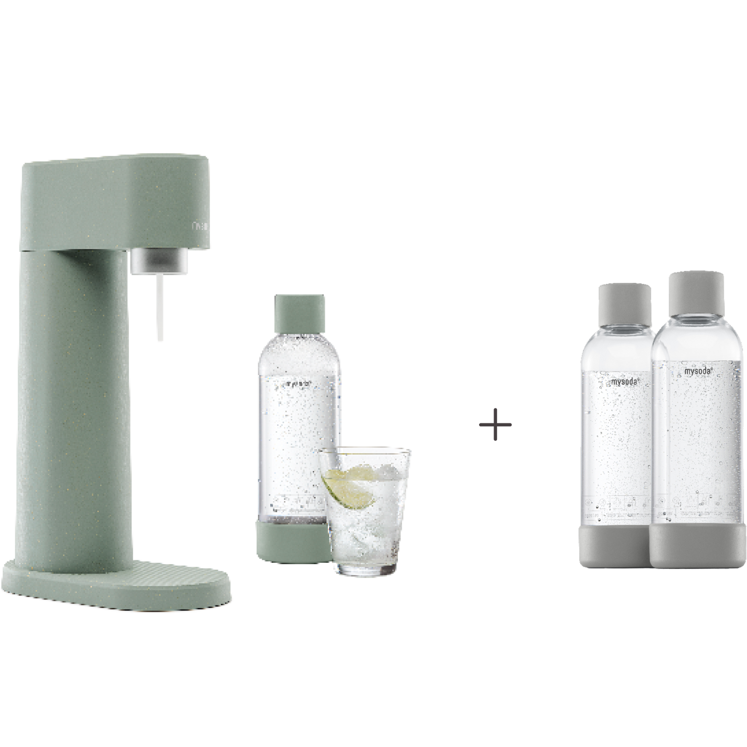 A bundle including a pigeon Woody sparkling water maker set without CO2 cylinder and an extra 2-pack of water bottles in gray