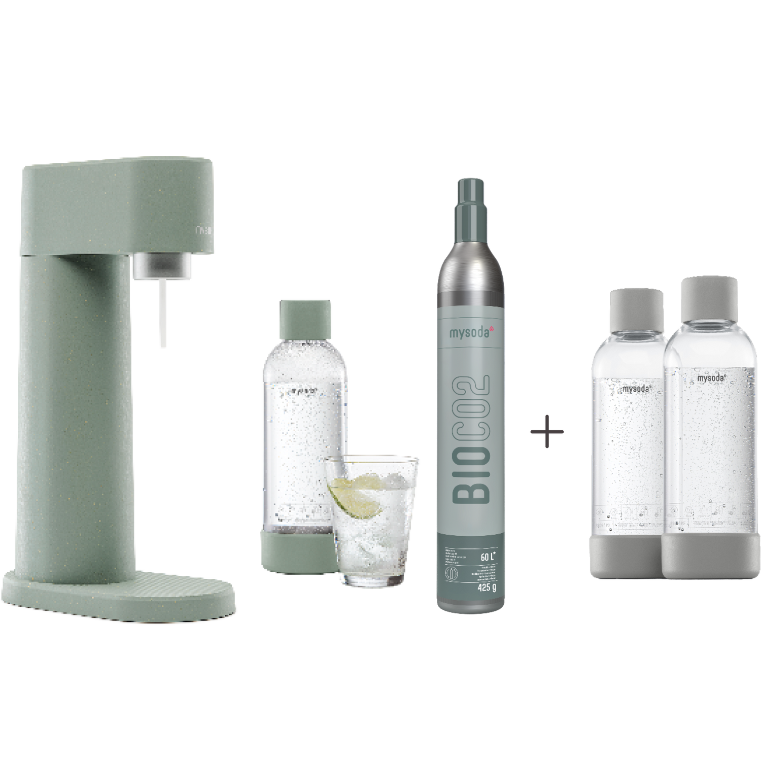 A bundle including a pigeon Woody sparkling water maker set, CO2 cylinder and an extra 2-pack of water bottles in gray
