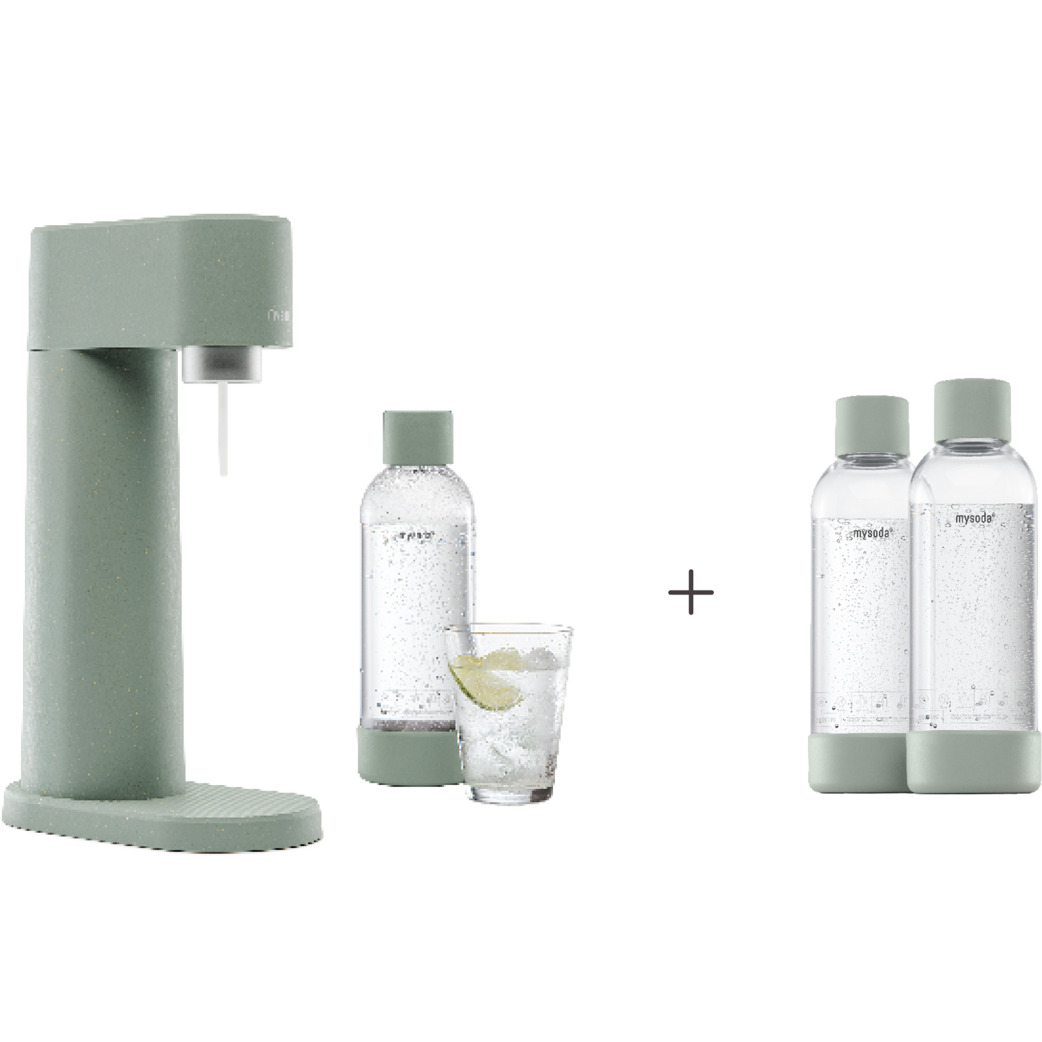 A bundle including a pigeon Woody sparkling water maker set without CO2 cylinder and an extra 2-pack of water bottles in pigeon