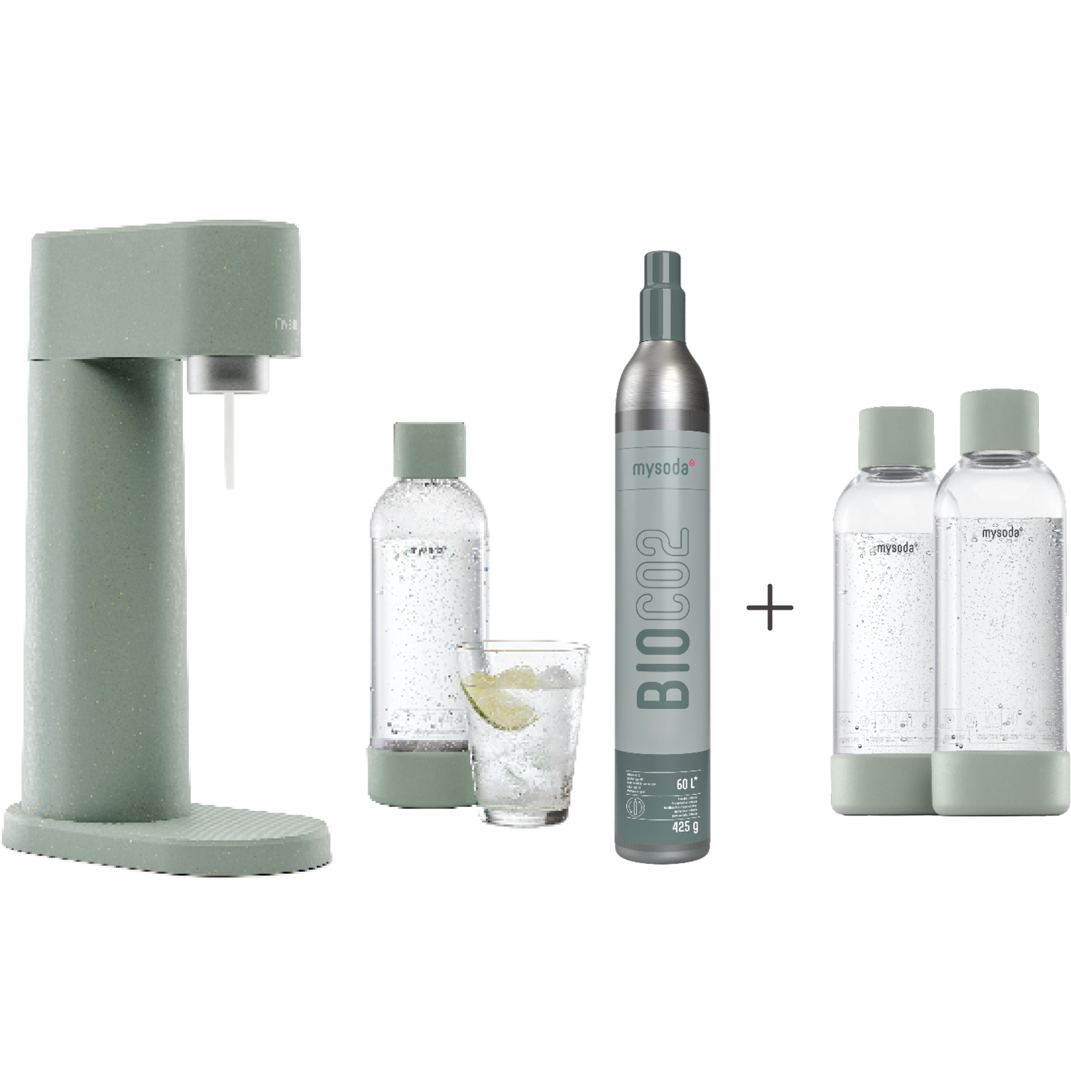 A bundle including a pigeon Woody sparkling water maker set, CO2 cylinder and an extra 2-pack of water bottles in pigeon