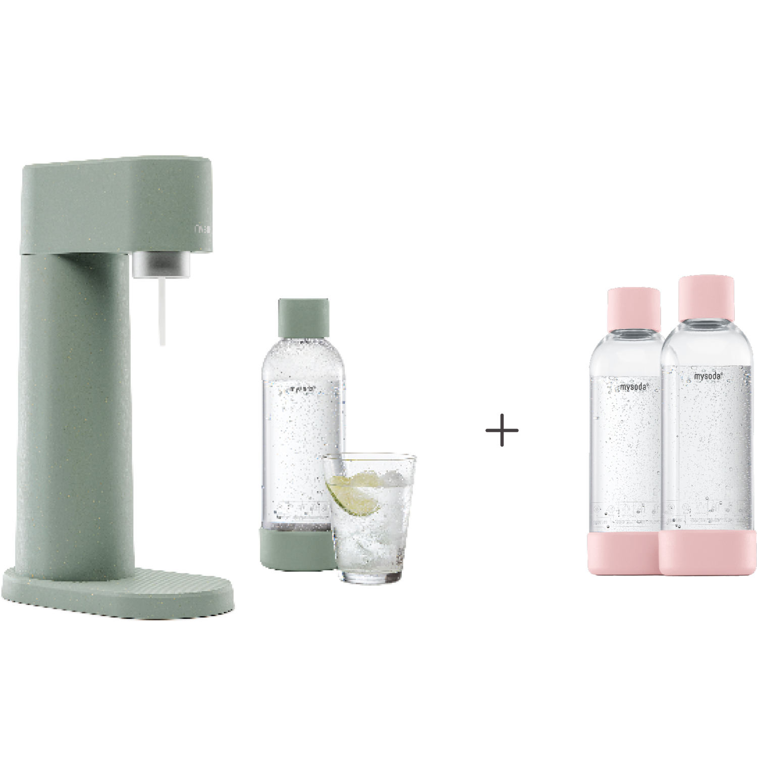 A bundle including a pigeon Woody sparkling water maker set without CO2 cylinder and an extra 2-pack of water bottles in pink