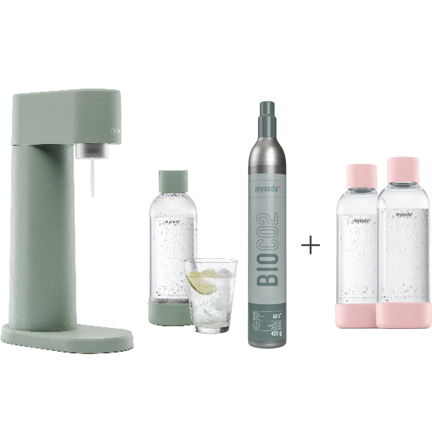 A bundle including a pigeon Woody sparkling water maker set, CO2 cylinder and an extra 2-pack of water bottles in pink