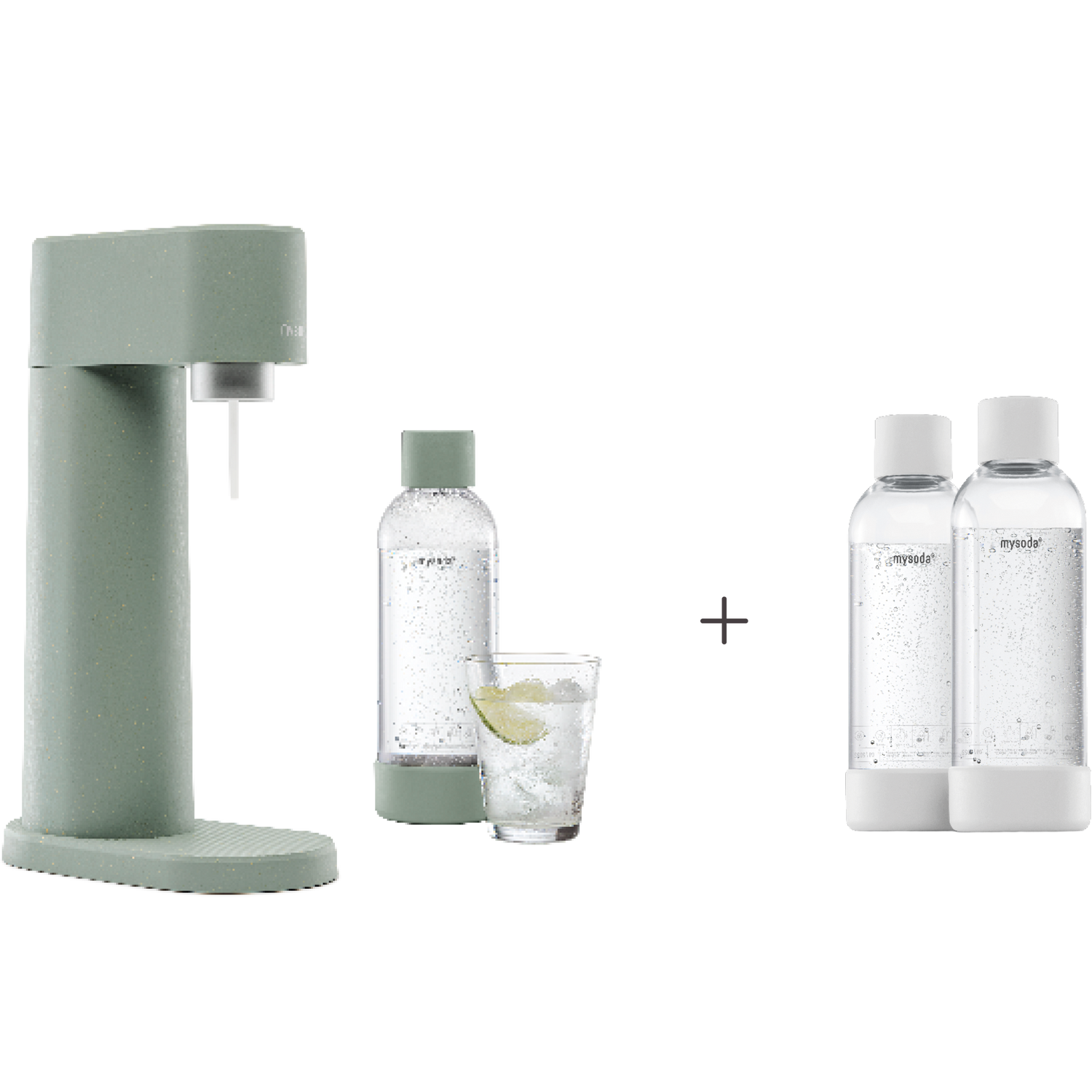 A bundle including a pigeon Woody sparkling water maker set without cylinder and an extra 2-pack of water bottles in white