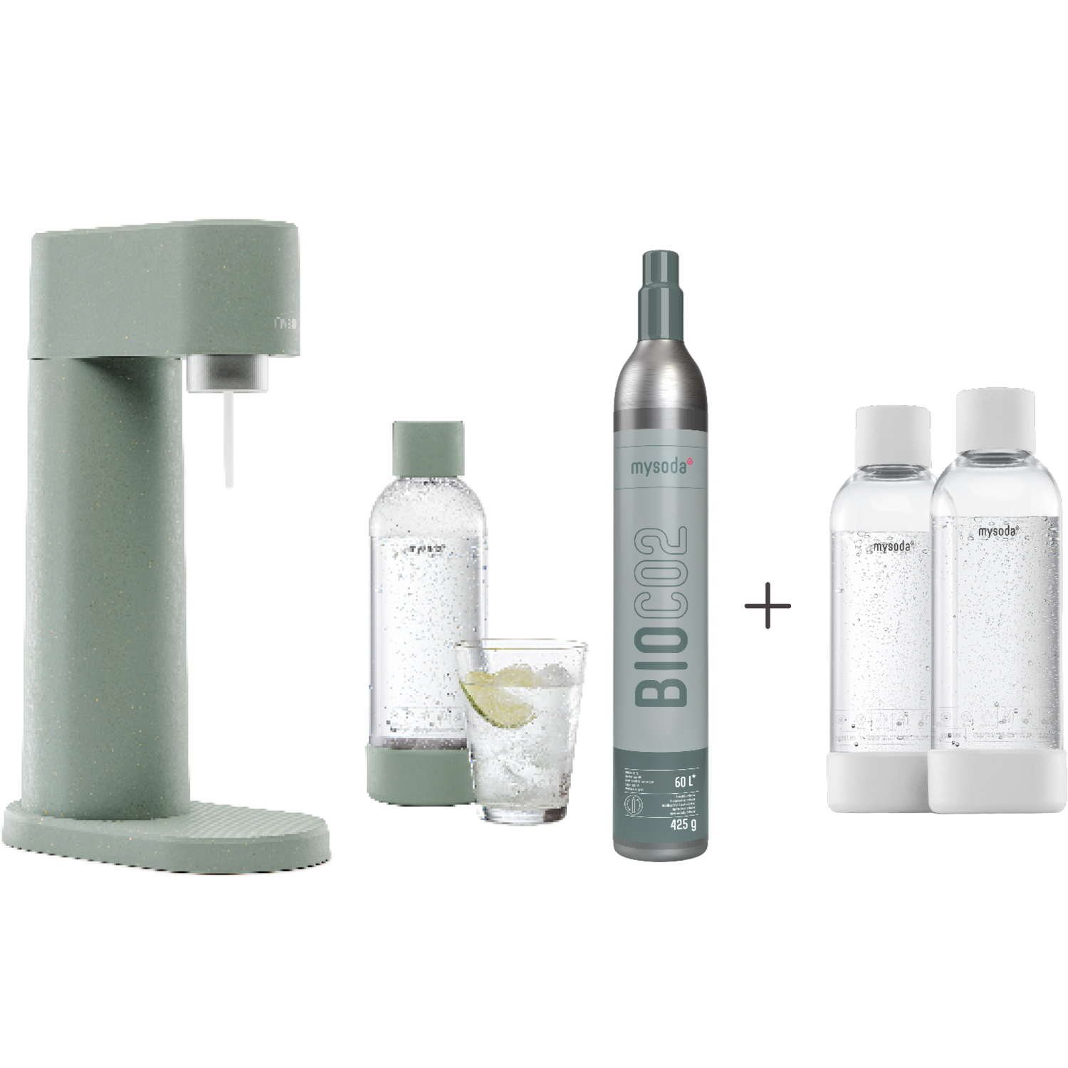 A bundle including a pigeon Woody sparkling water maker set, CO2 cylinder and an extra 2-pack of water bottles in white
