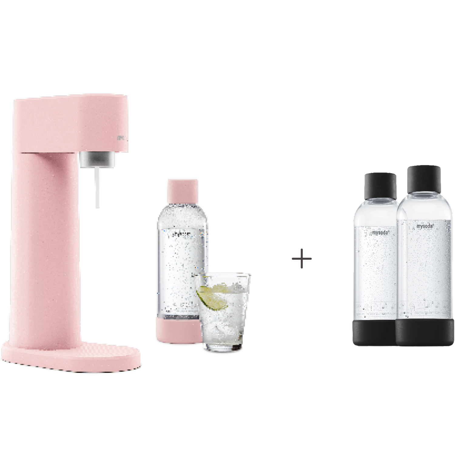A bundle including a pink Woody sparkling water maker set without CO2 cylinder and an extra 2-pack of water bottles in black