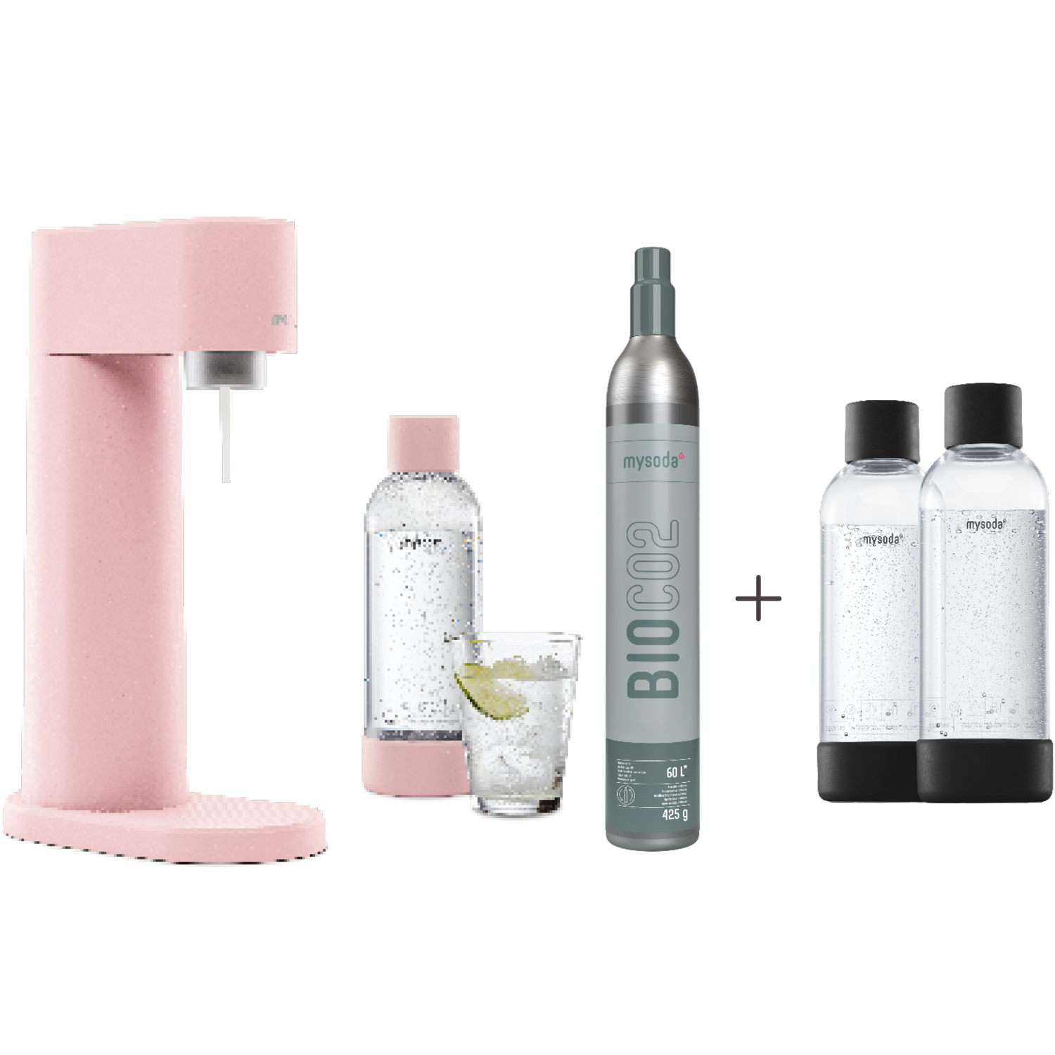 A bundle including a pink Woody sparkling water maker set, CO2 cylinder and an extra 2-pack of water bottles in black