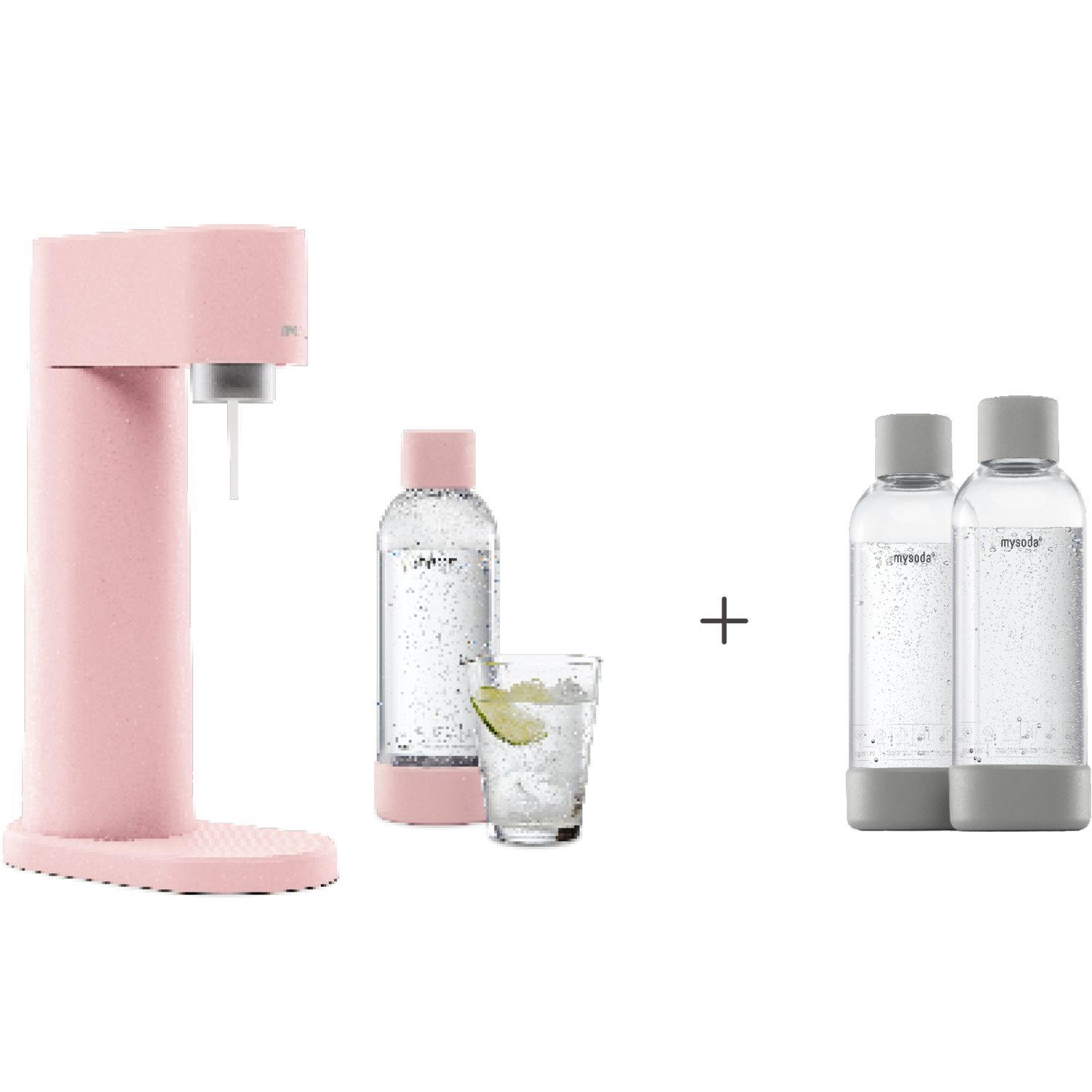 A bundle including a pink Woody sparkling water maker set without CO2 cylinder and an extra 2-pack of water bottles in gray