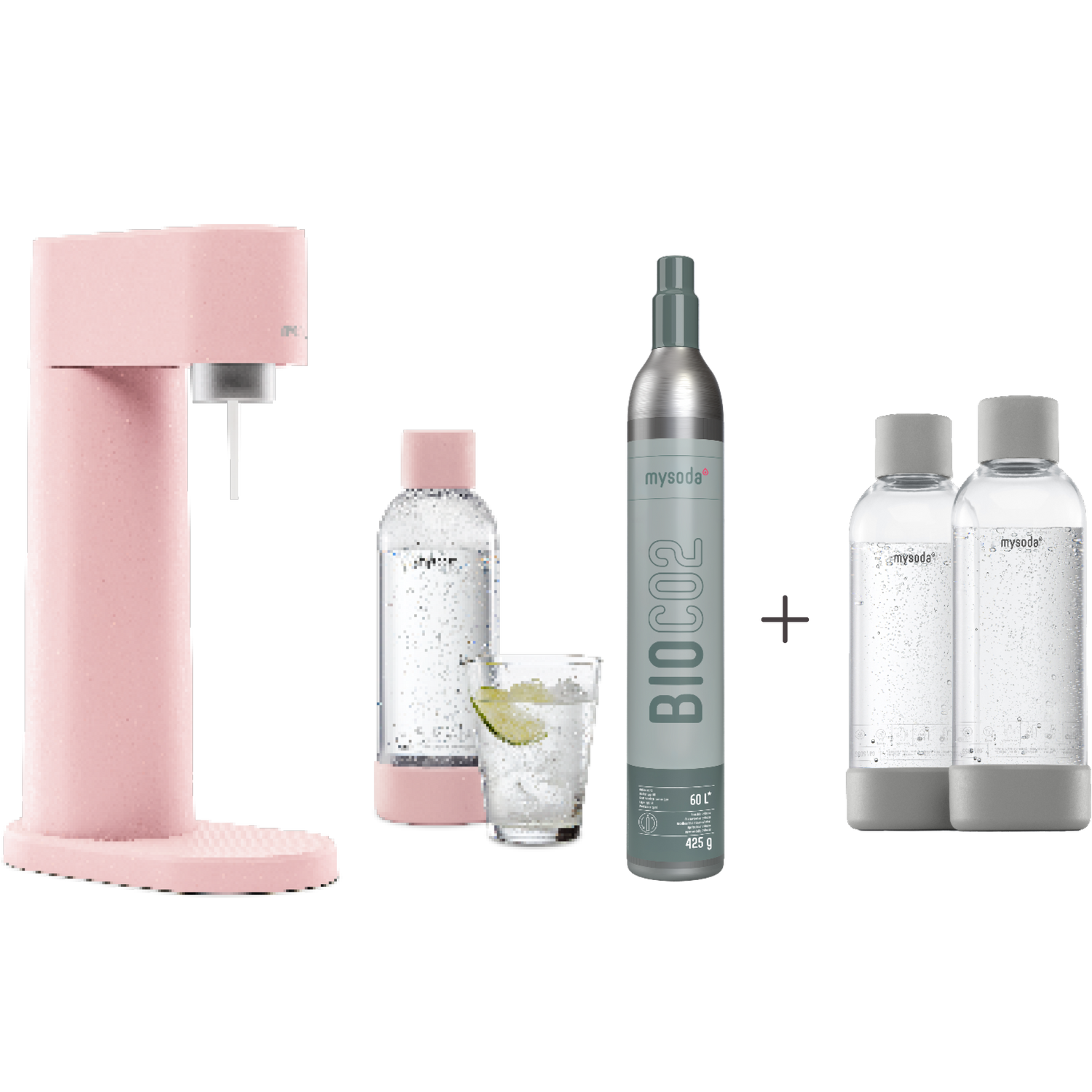 A bundle including a pink Woody sparkling water maker set, CO2 cylinder and an extra 2-pack of water bottles in gray